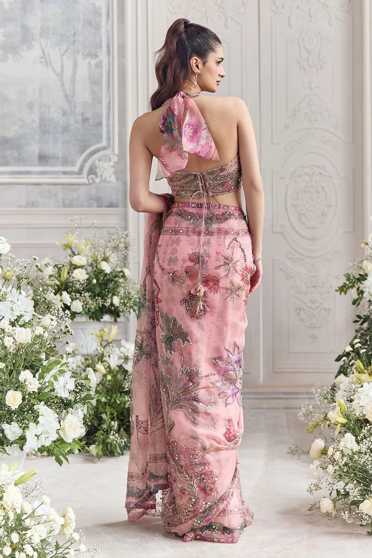 Blush Pink Embroidered Sari with Sequins and Halter Blouse