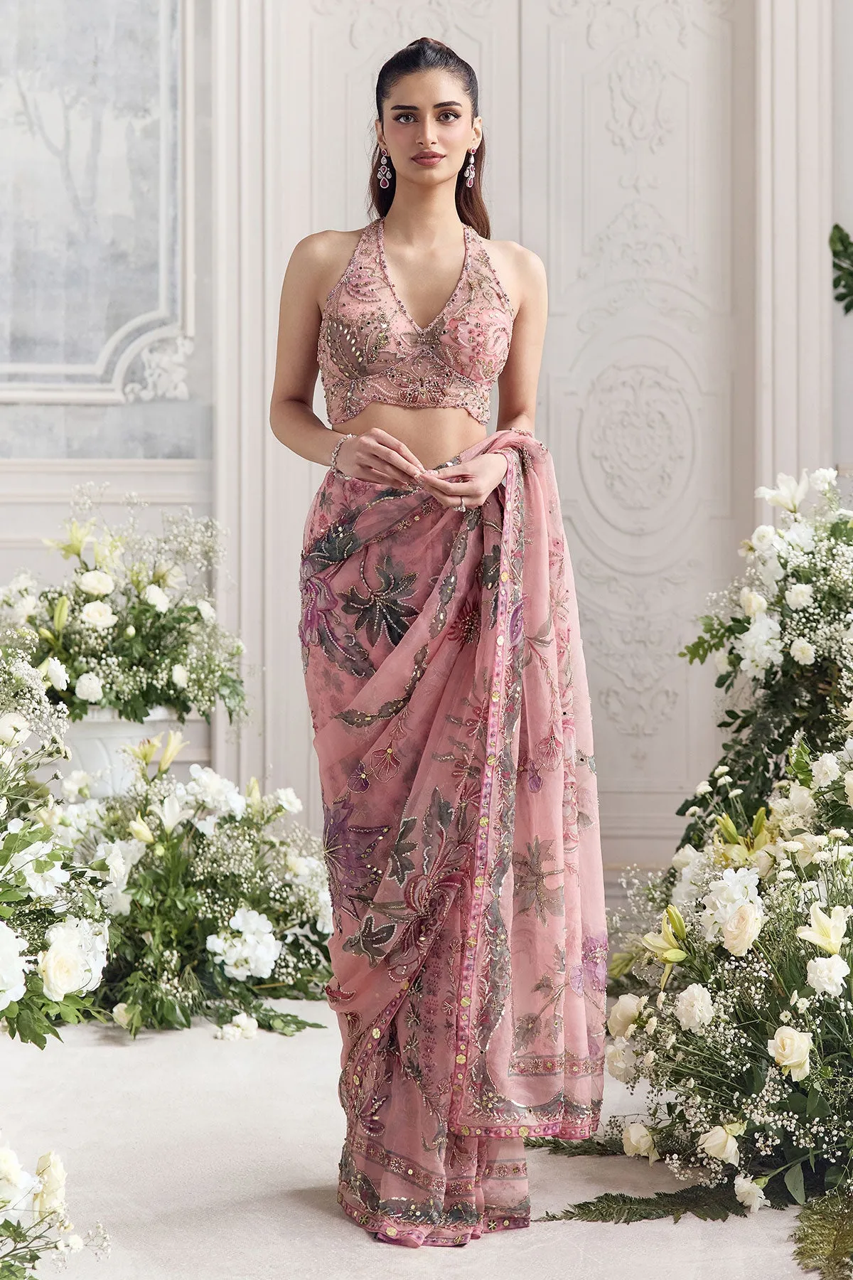 Blush Pink Embroidered Sari with Sequins and Halter Blouse