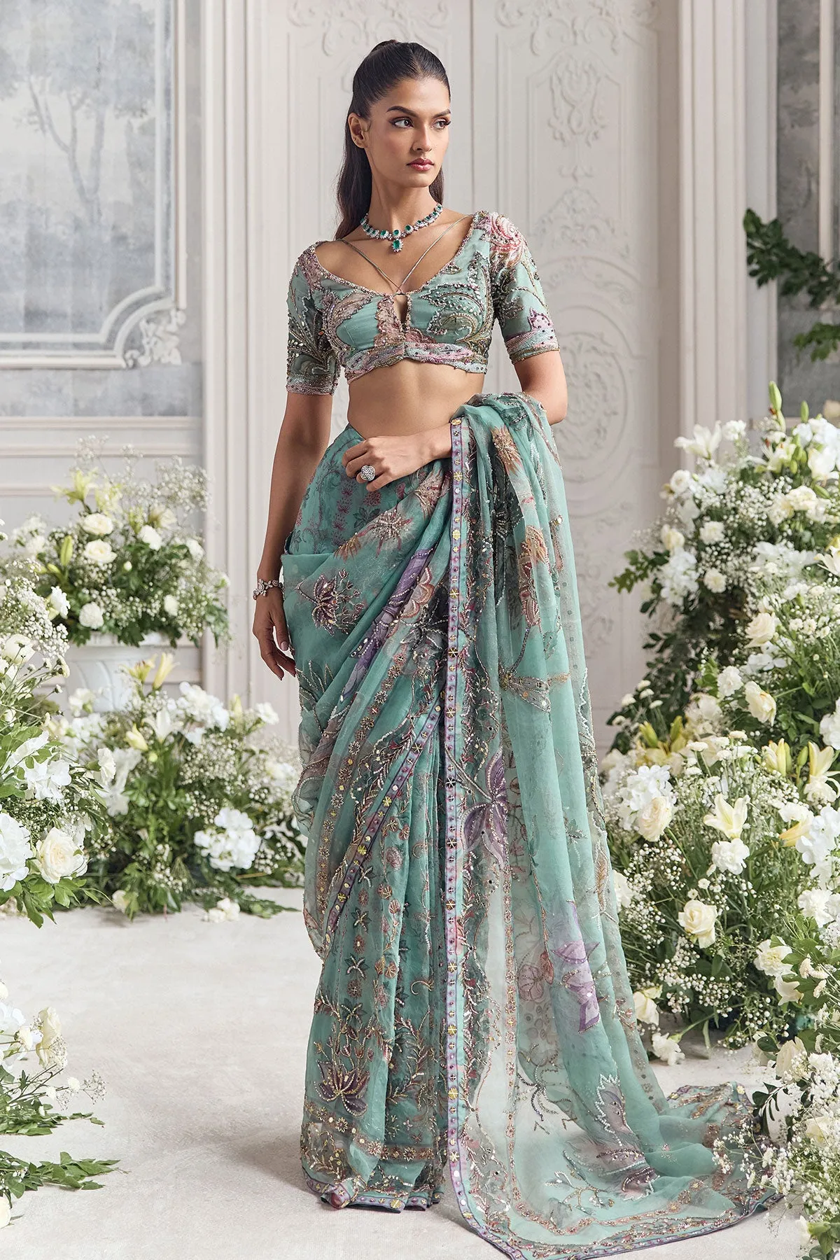 Sea Green Embroidered Sari with Sequins and Structured Blouse