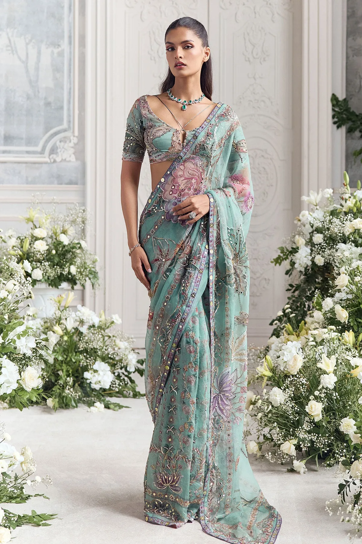 Sea Green Embroidered Sari with Sequins and Structured Blouse