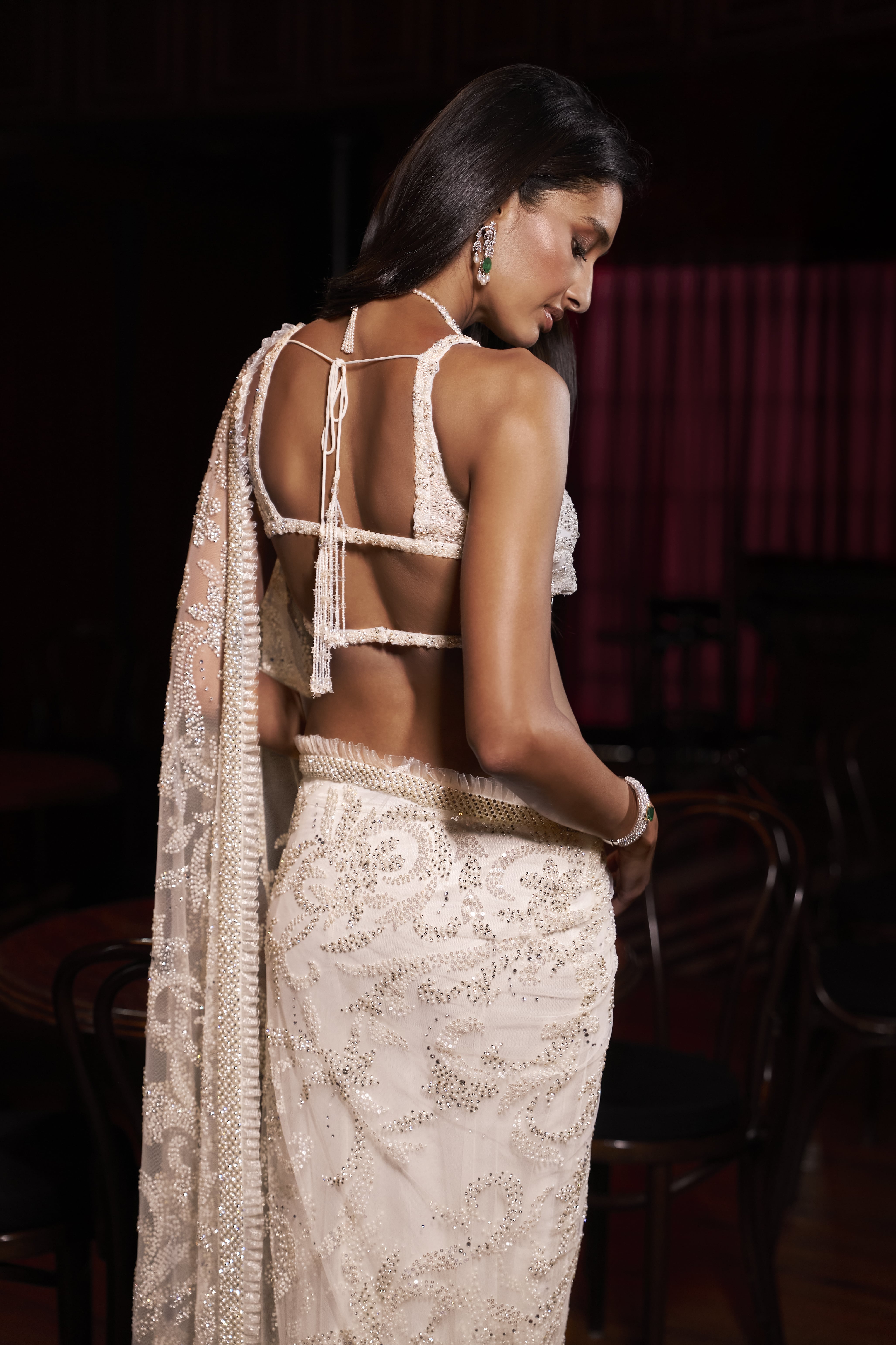 Ivory Embellished Sari with Pearl and Sequin Detailing