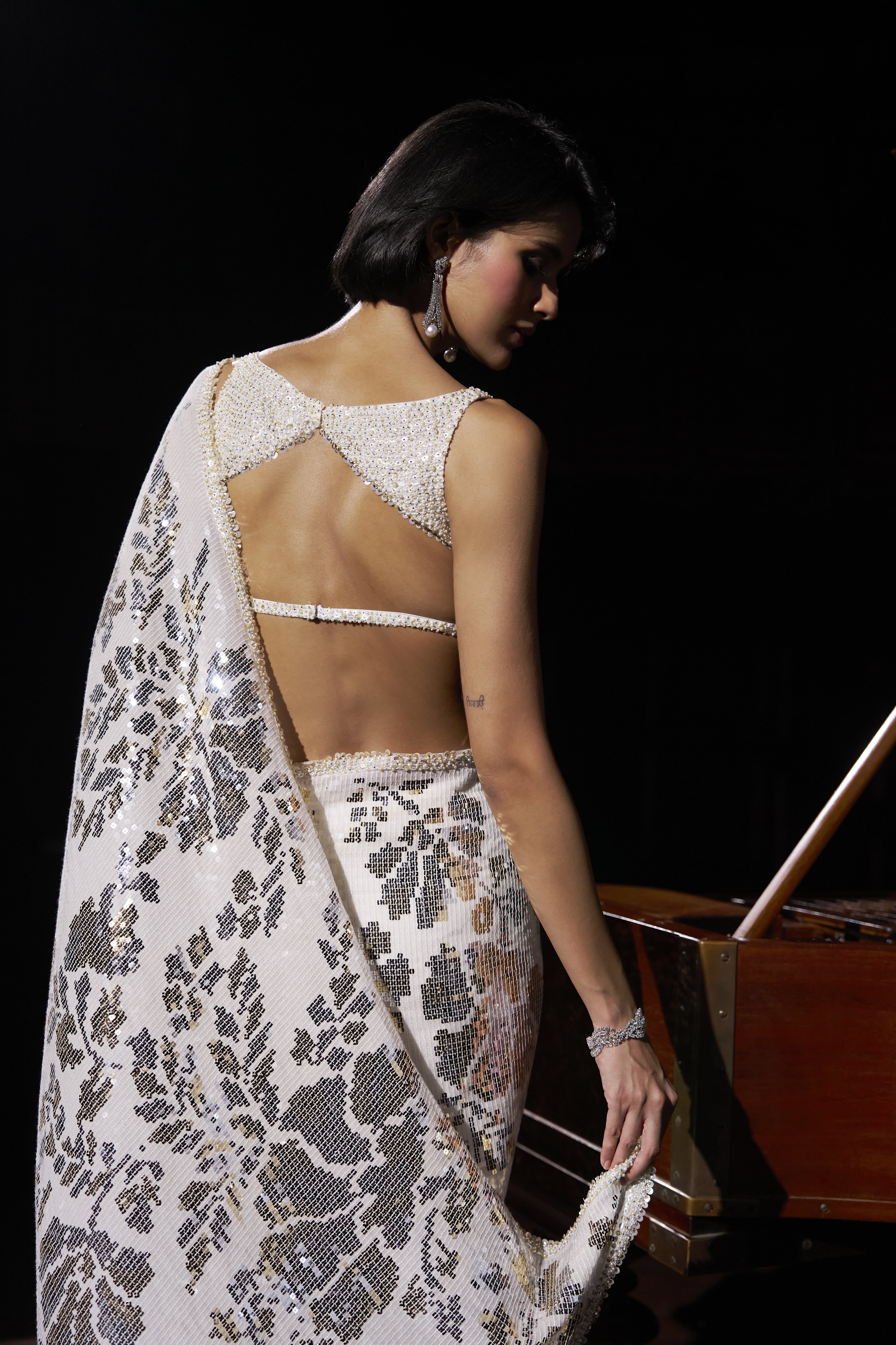 Ivory Sequin Embellished Sari