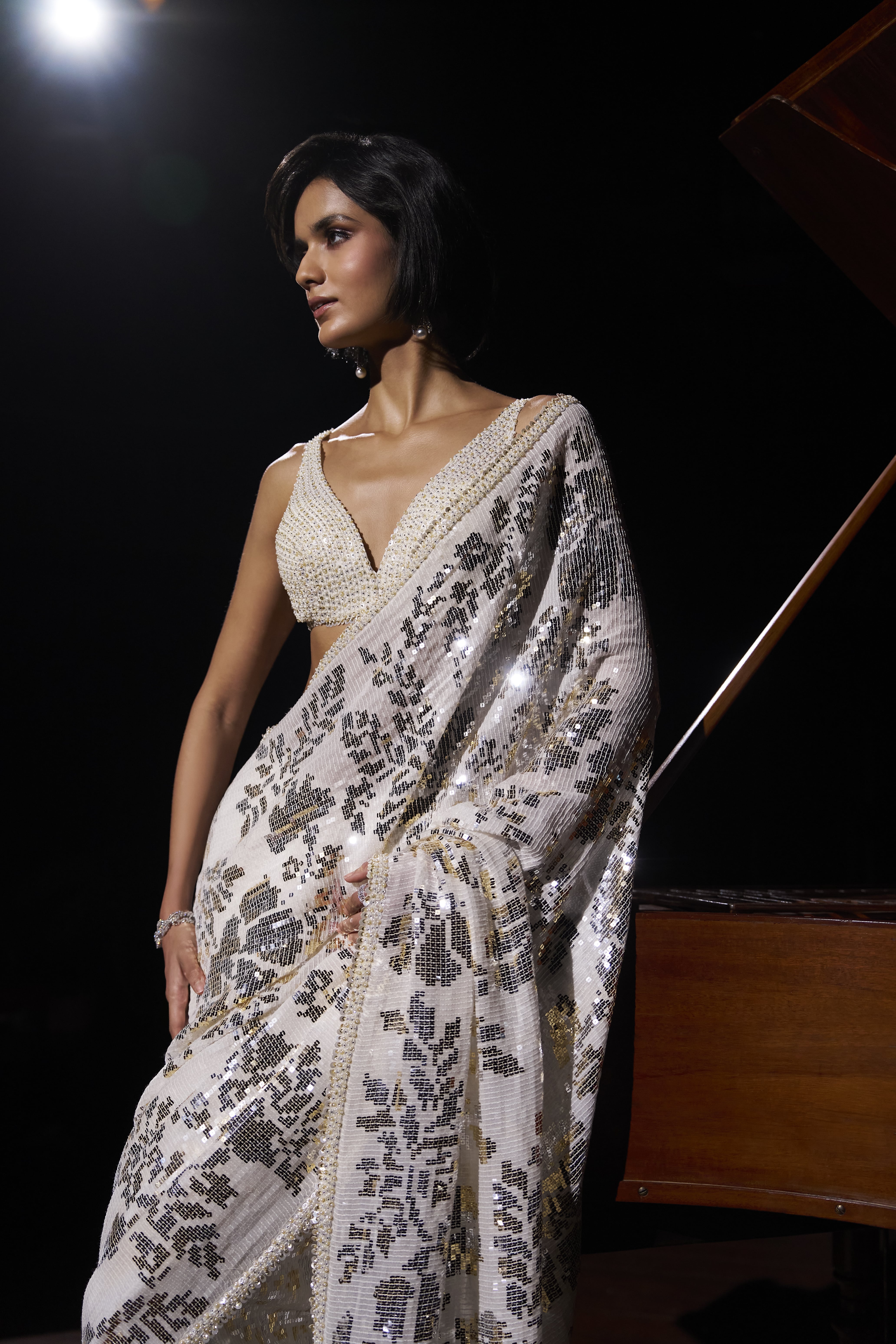 Ivory Sequin Embellished Sari