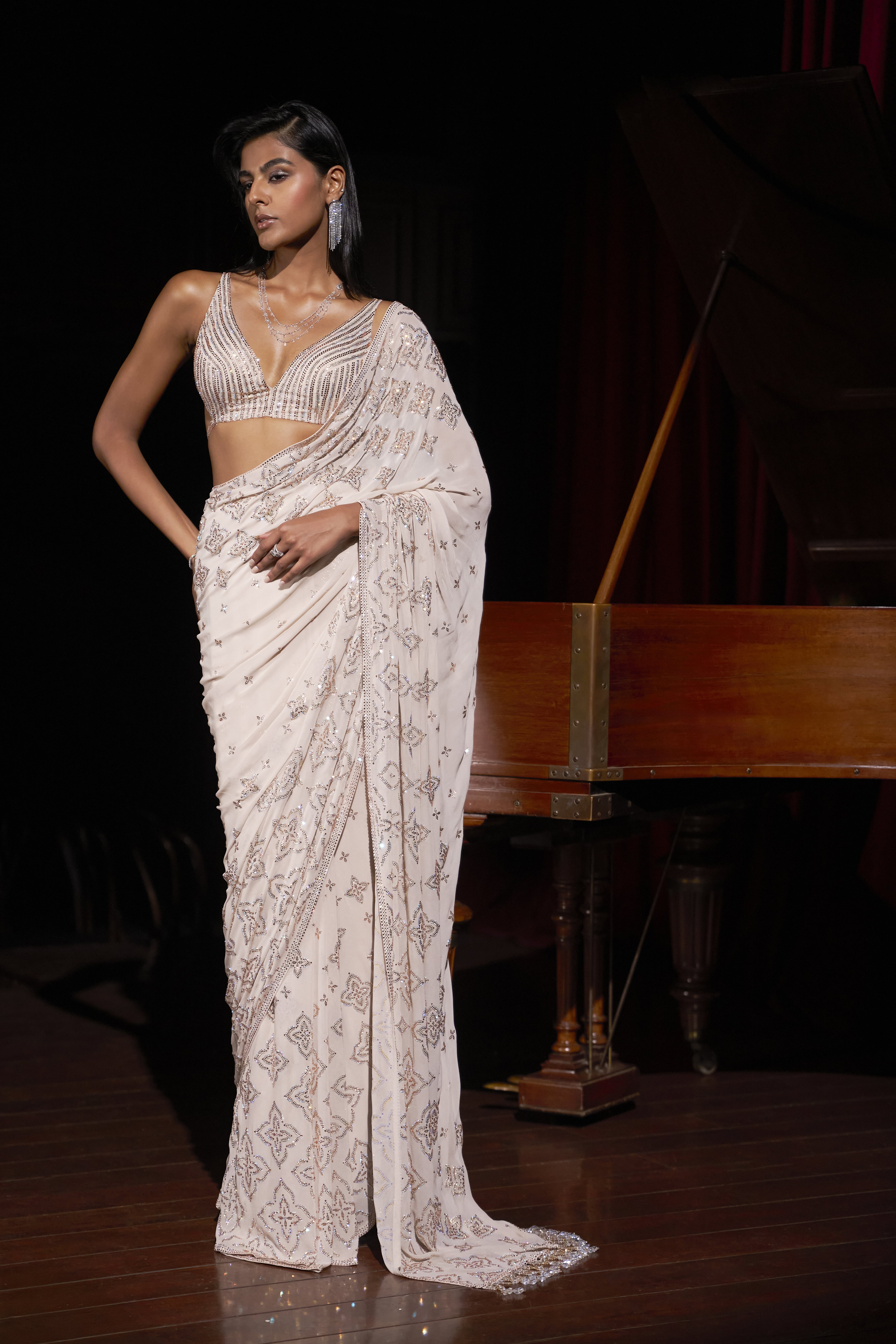Ivory Sari with Geometric Sequin Embroidery and Beaded Blouse