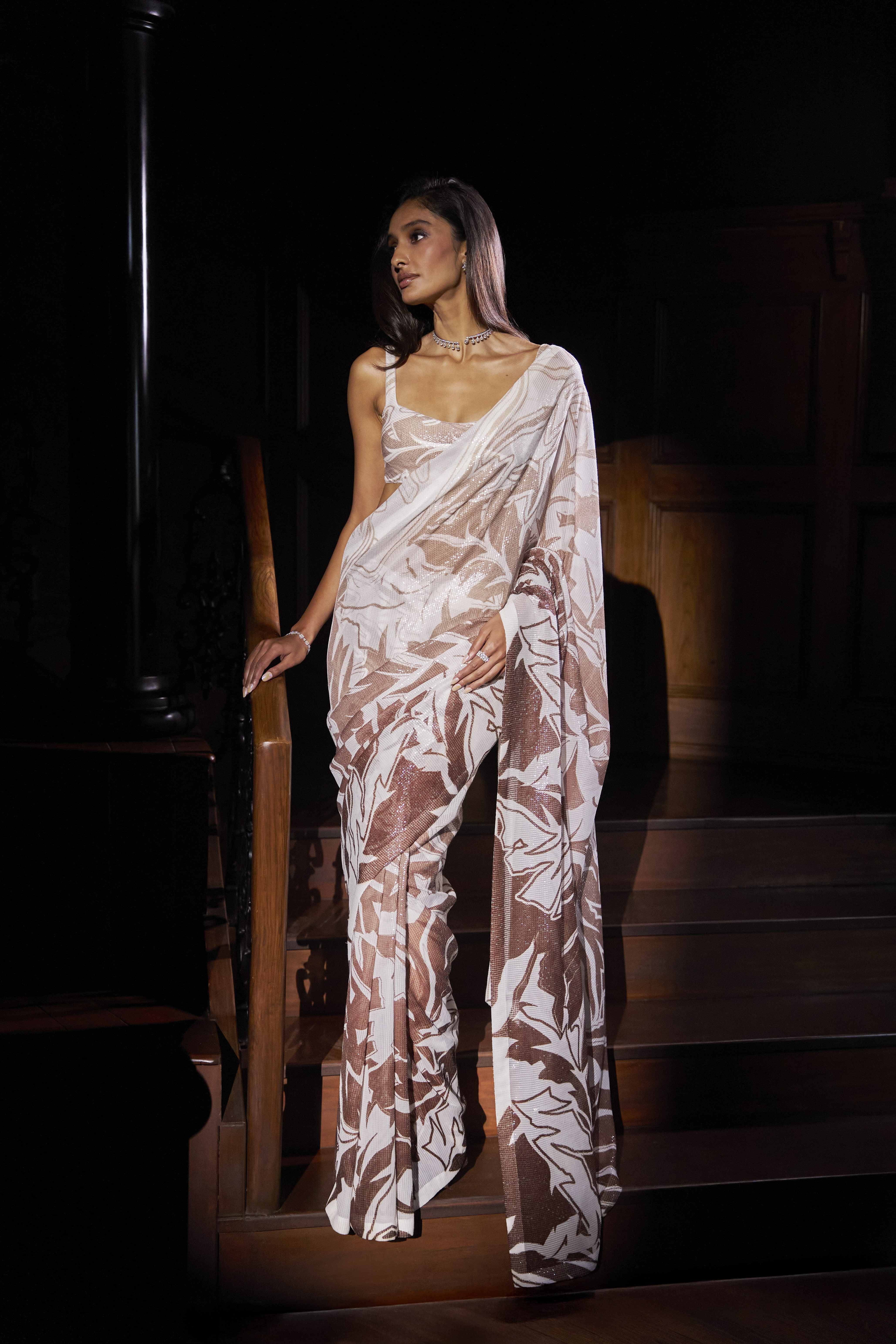 Ivory and Bronze Sequin Abstract Pattern Sari