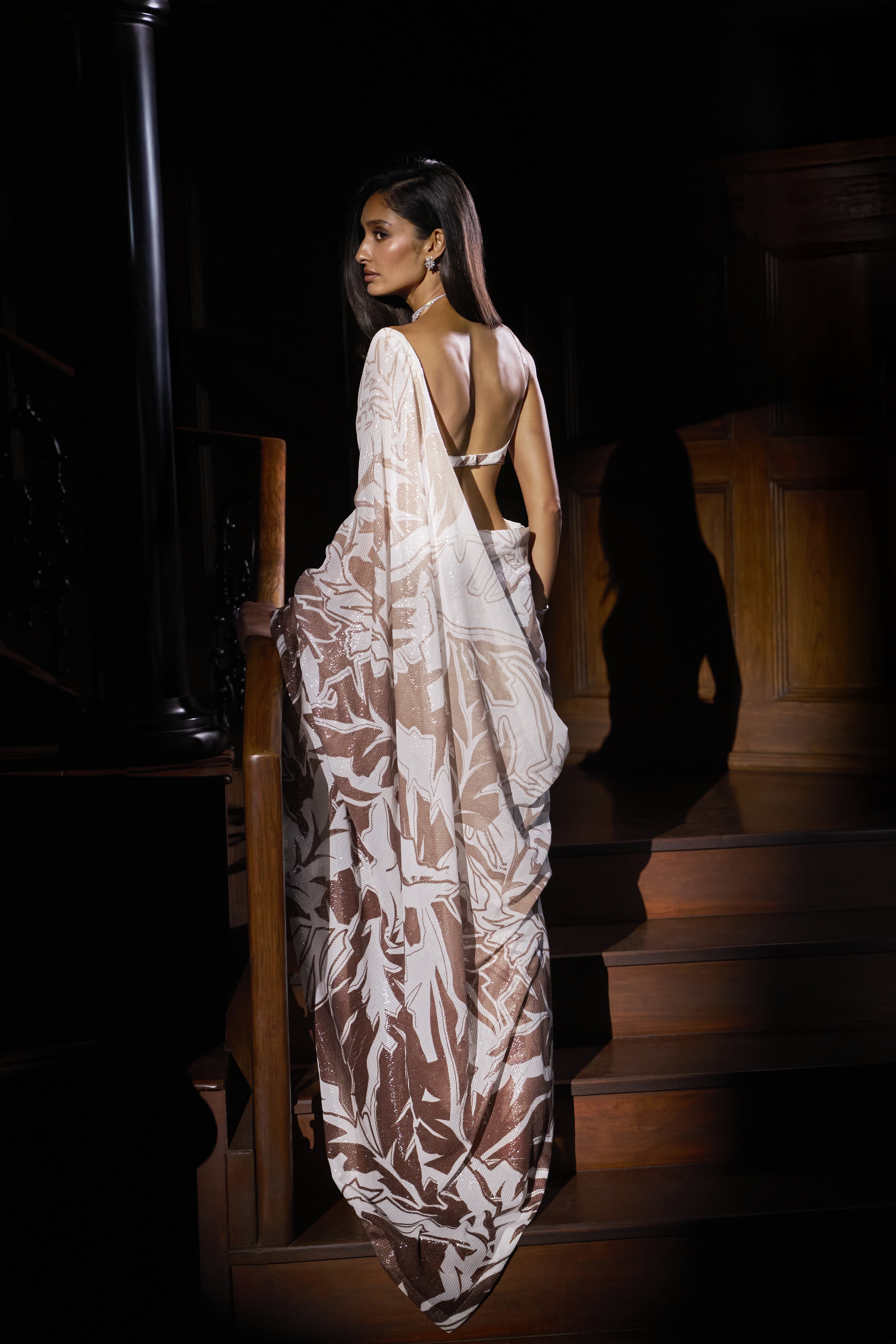 Ivory and Bronze Sequin Abstract Pattern Sari