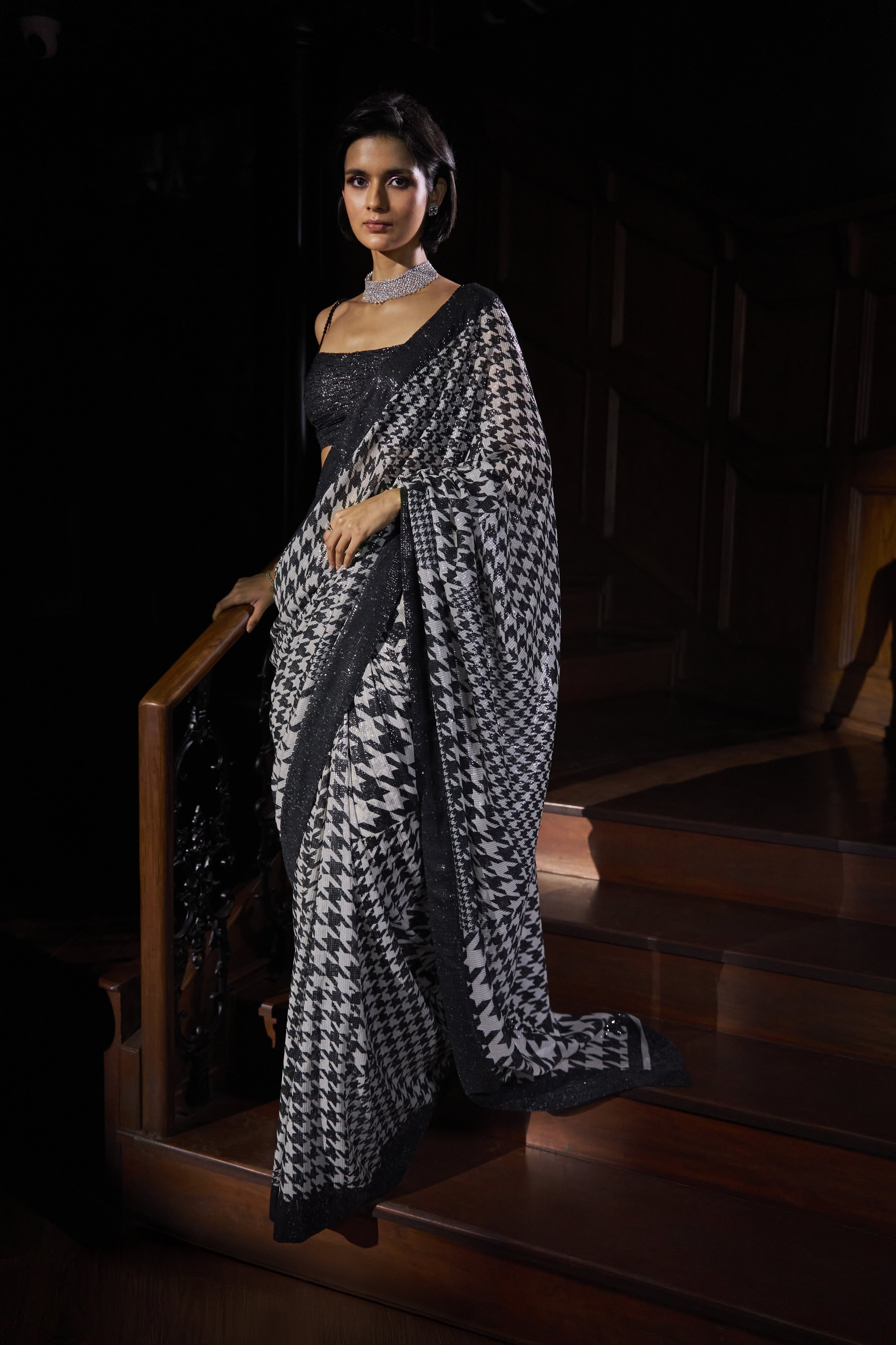 Black and White Houndstooth Sequin Sari