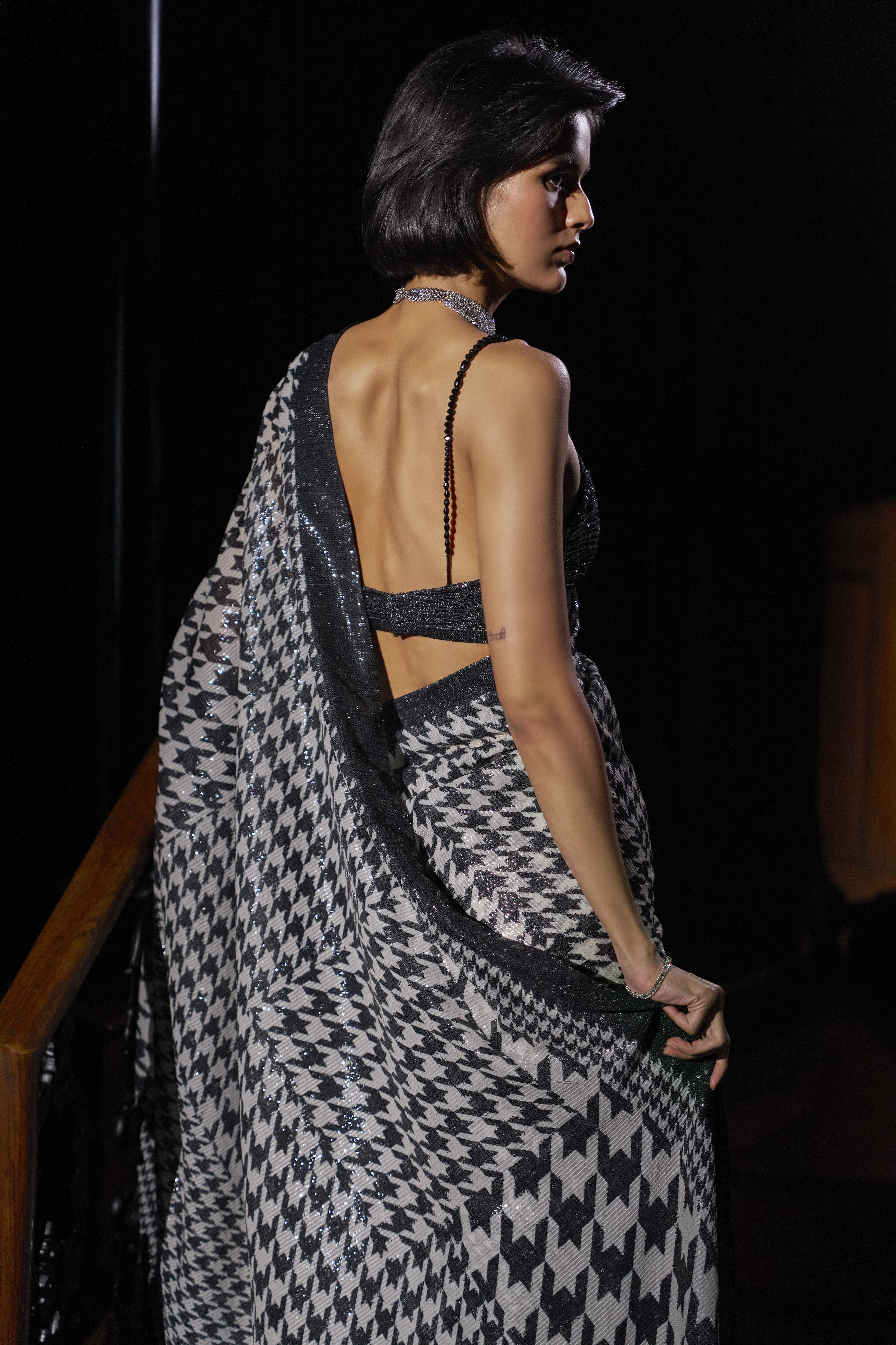 Black and White Houndstooth Sequin Sari