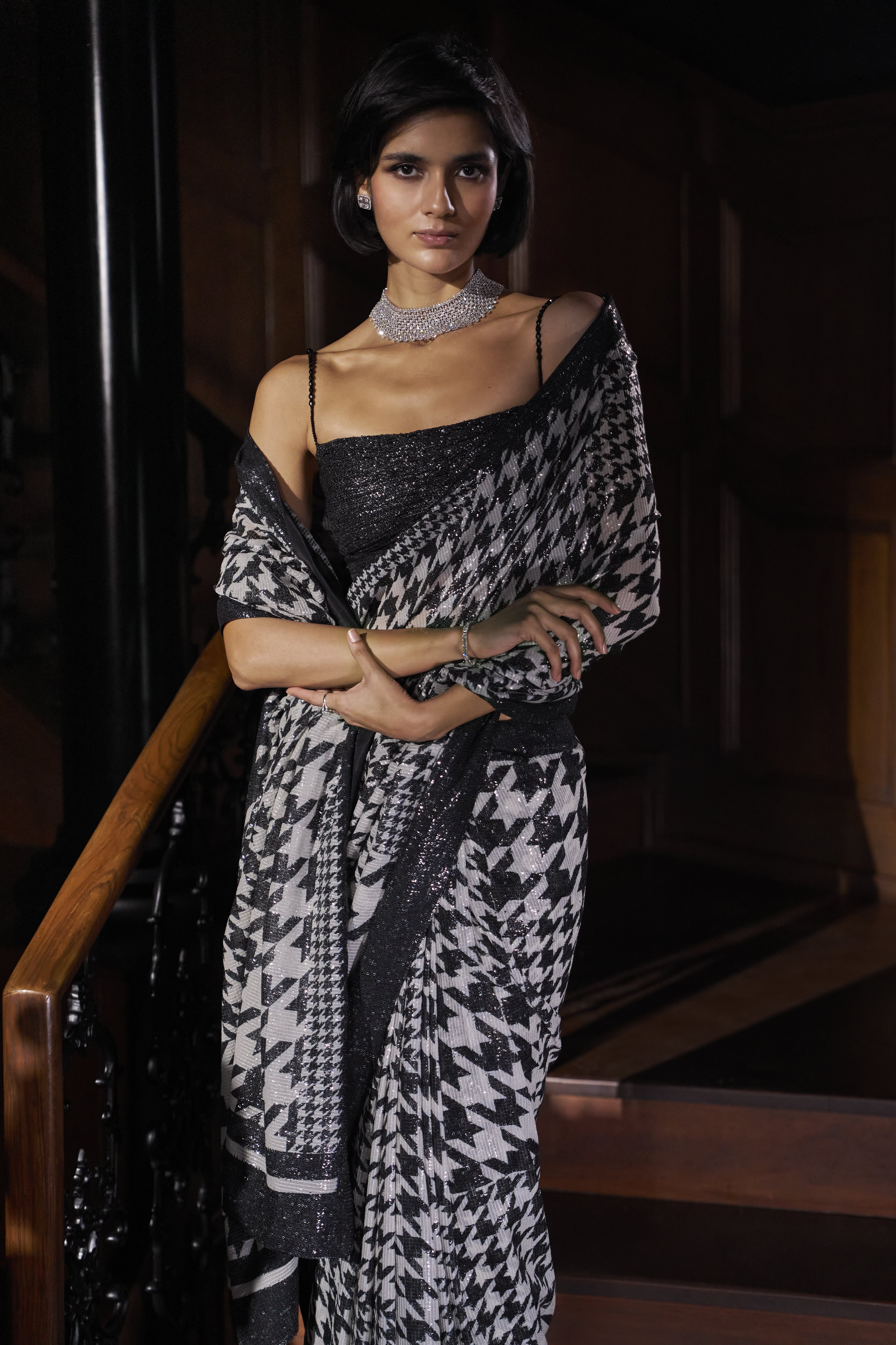 Black and White Houndstooth Sequin Sari