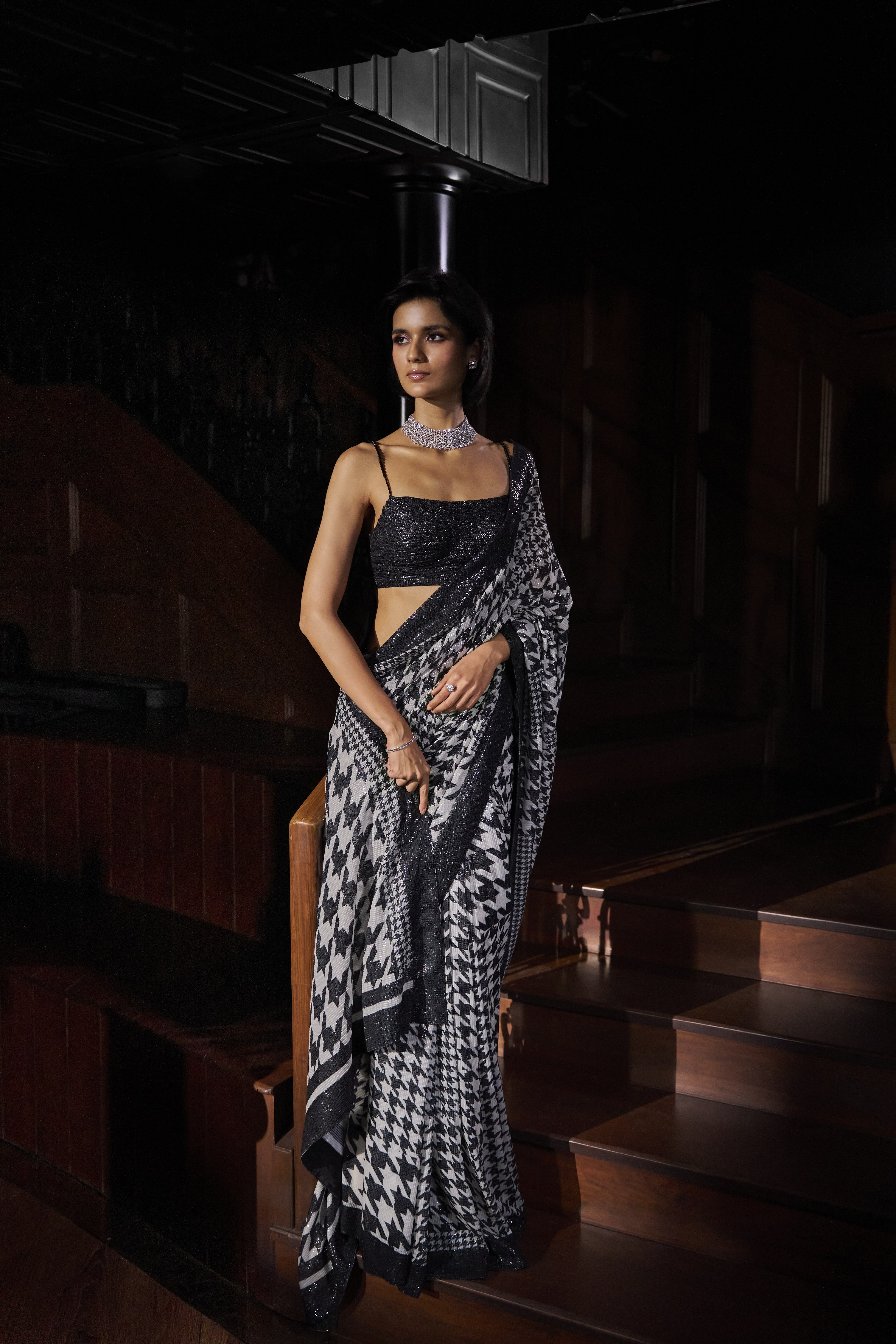 Black and White Houndstooth Sequin Sari