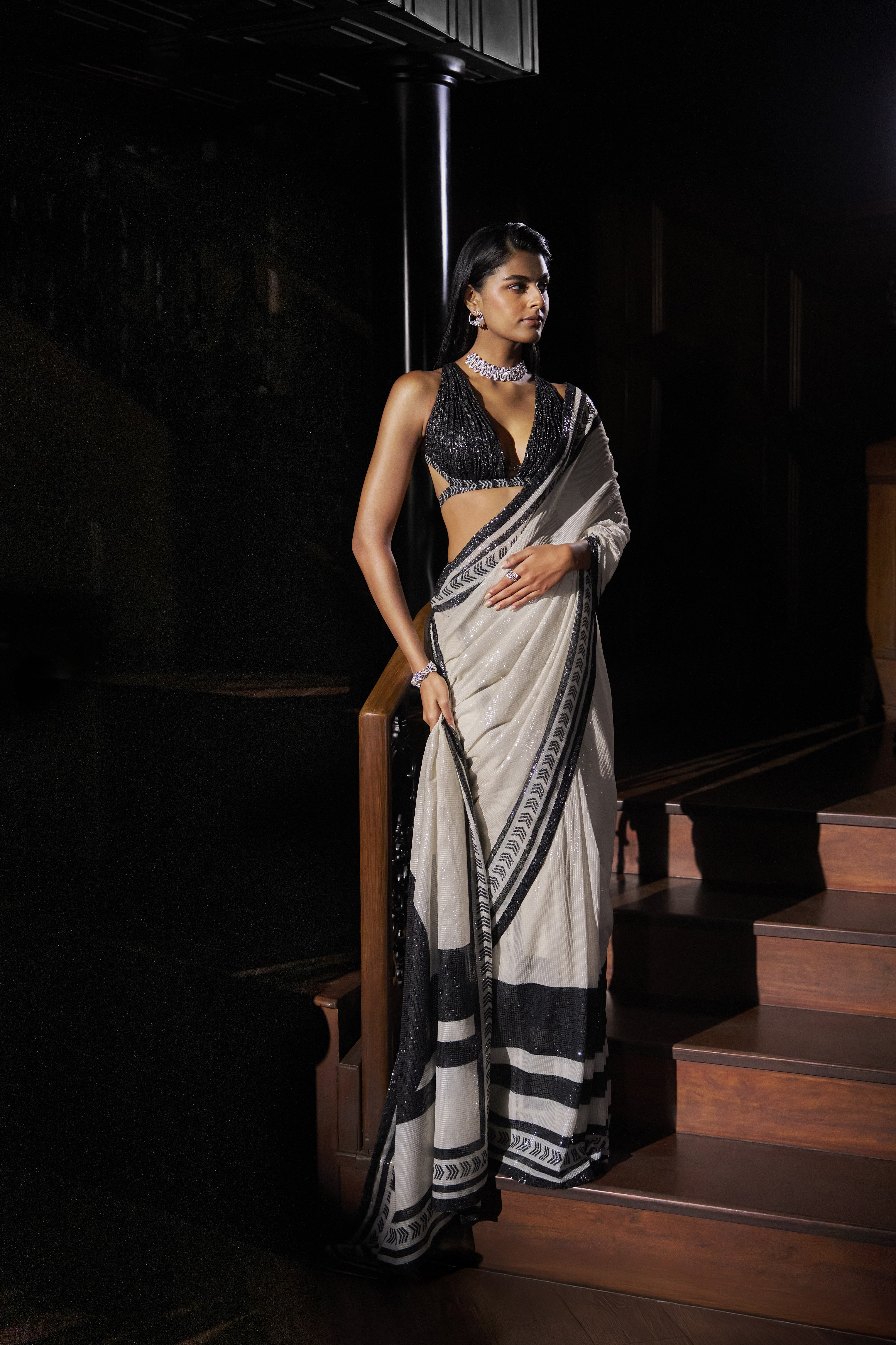Black and White Contrast Sari with Sequin Blouse
