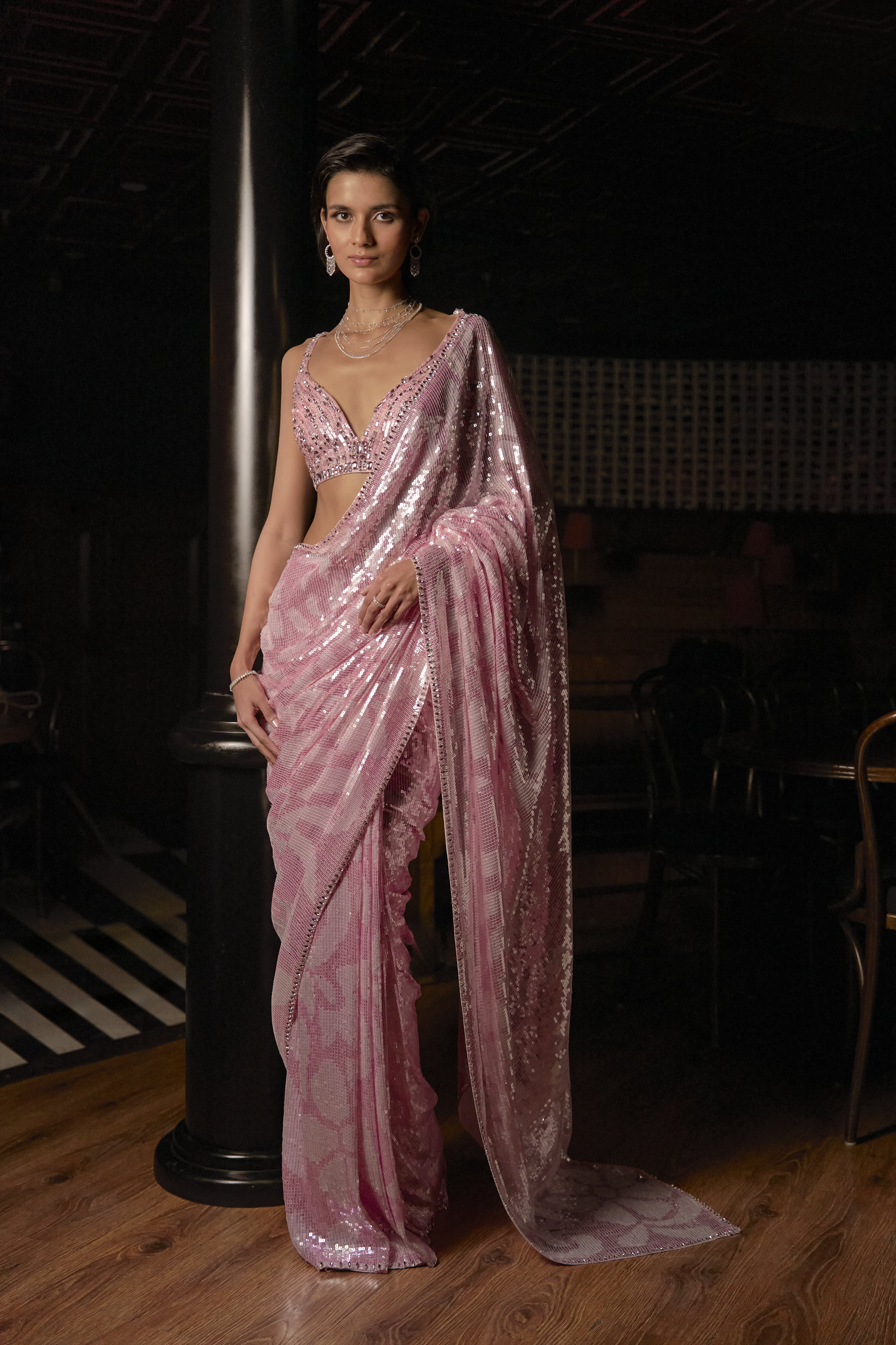 Pink Sequin Sari with Embellished Blouse