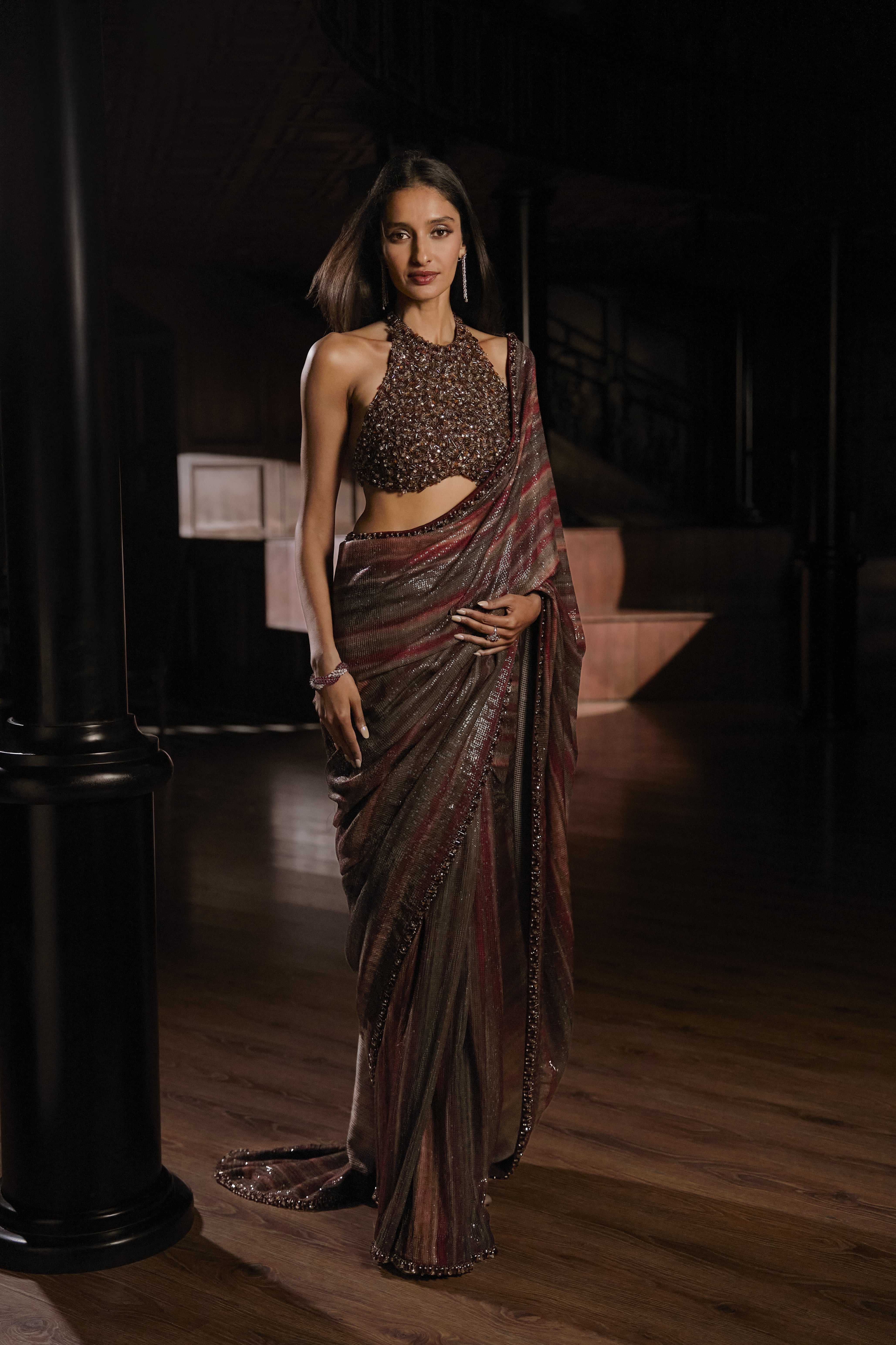 Metallic Striped Sari with Beaded Halter Blouse