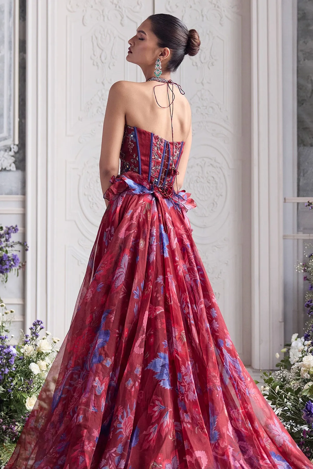 Crimson Red Lehenga with Silver Embellishment and Floral Organza Dupatta