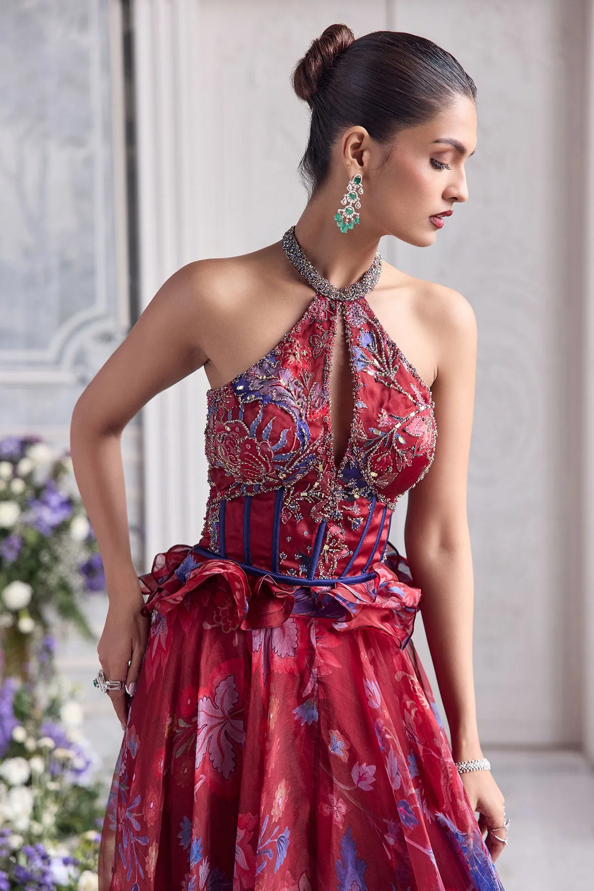 Crimson Red Lehenga with Silver Embellishment and Floral Organza Dupatta