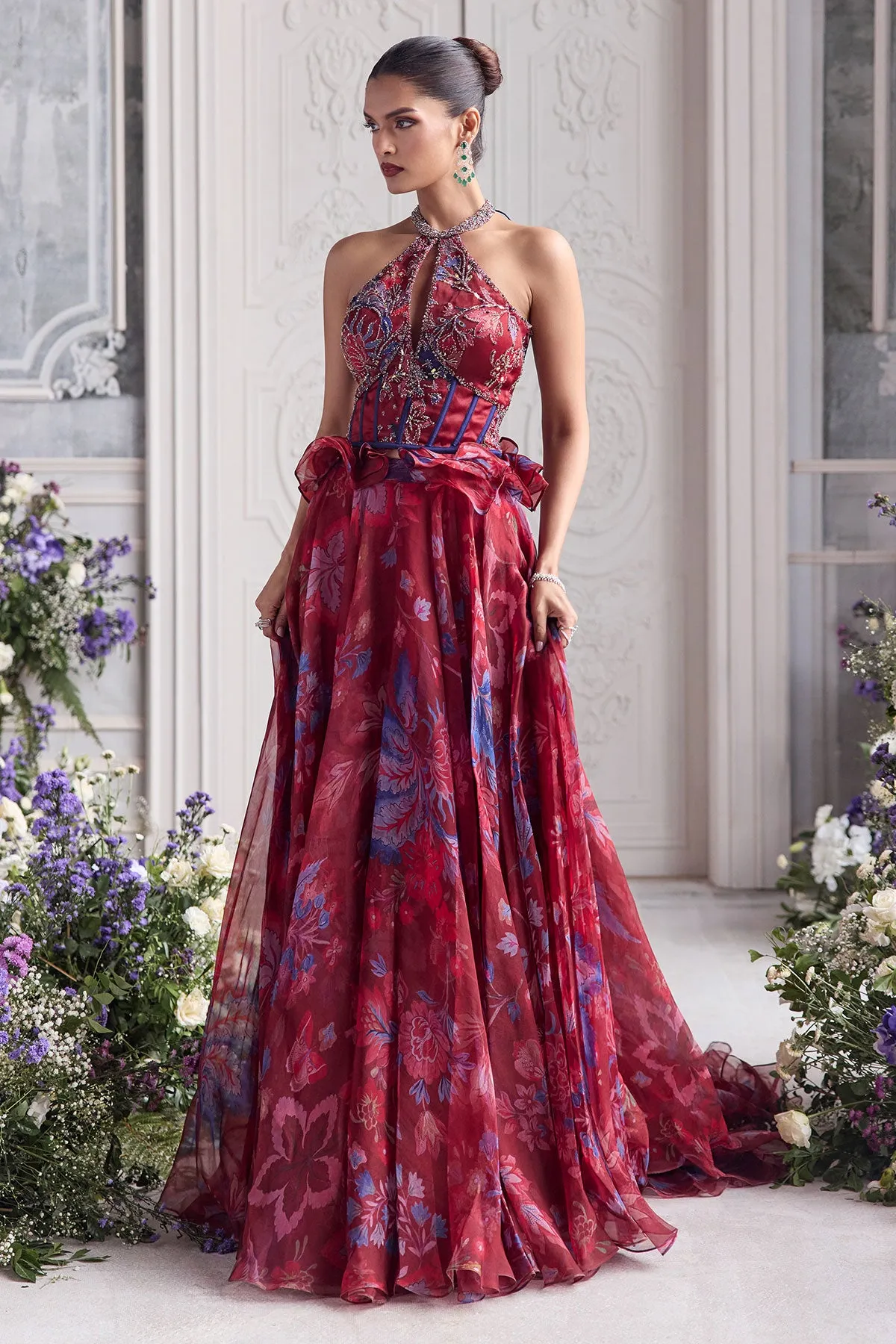 Crimson Red Lehenga with Silver Embellishment and Floral Organza Dupatta