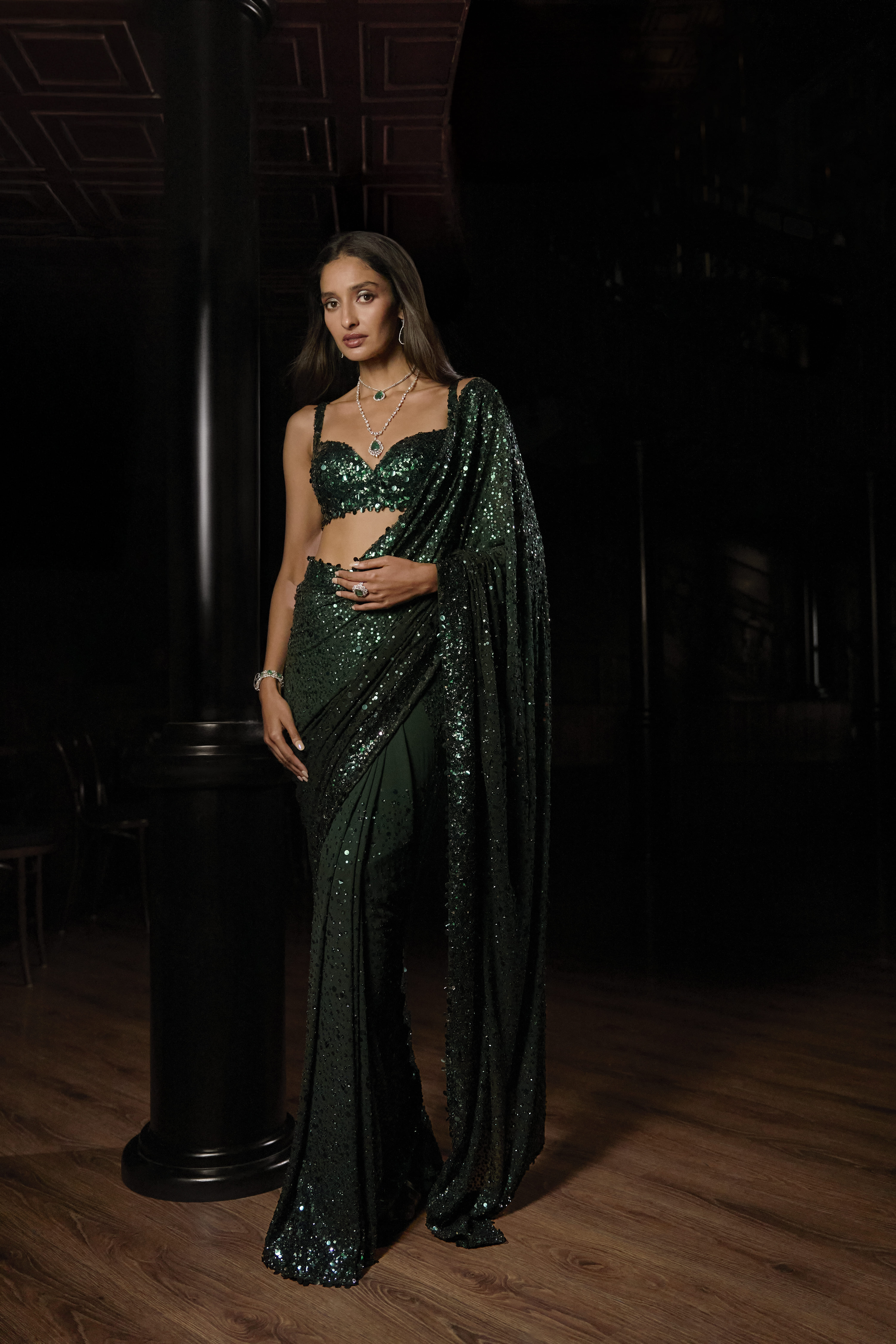 Dark Green Sequin Sari with Floral Blouse
