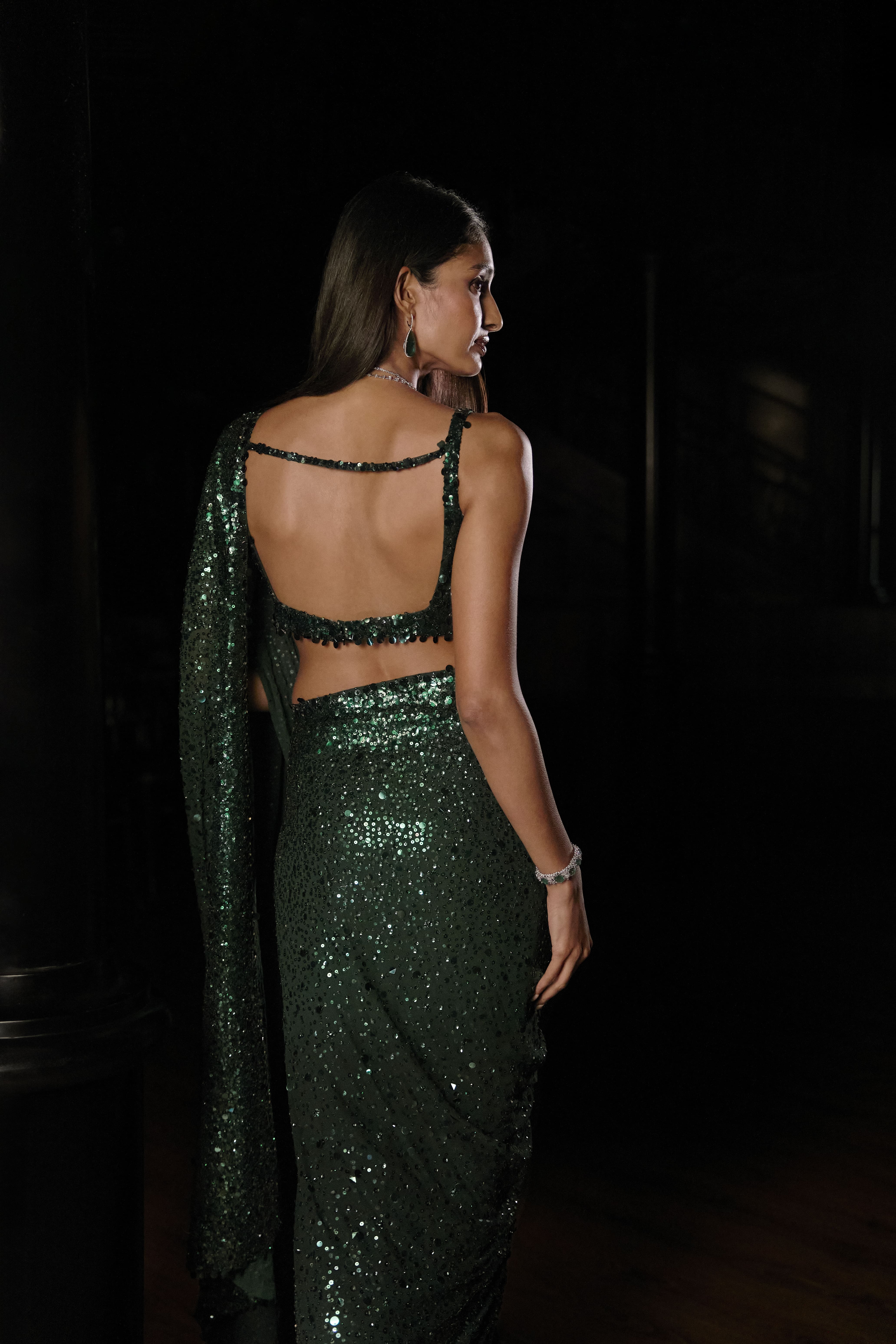 Dark Green Sequin Sari with Floral Blouse