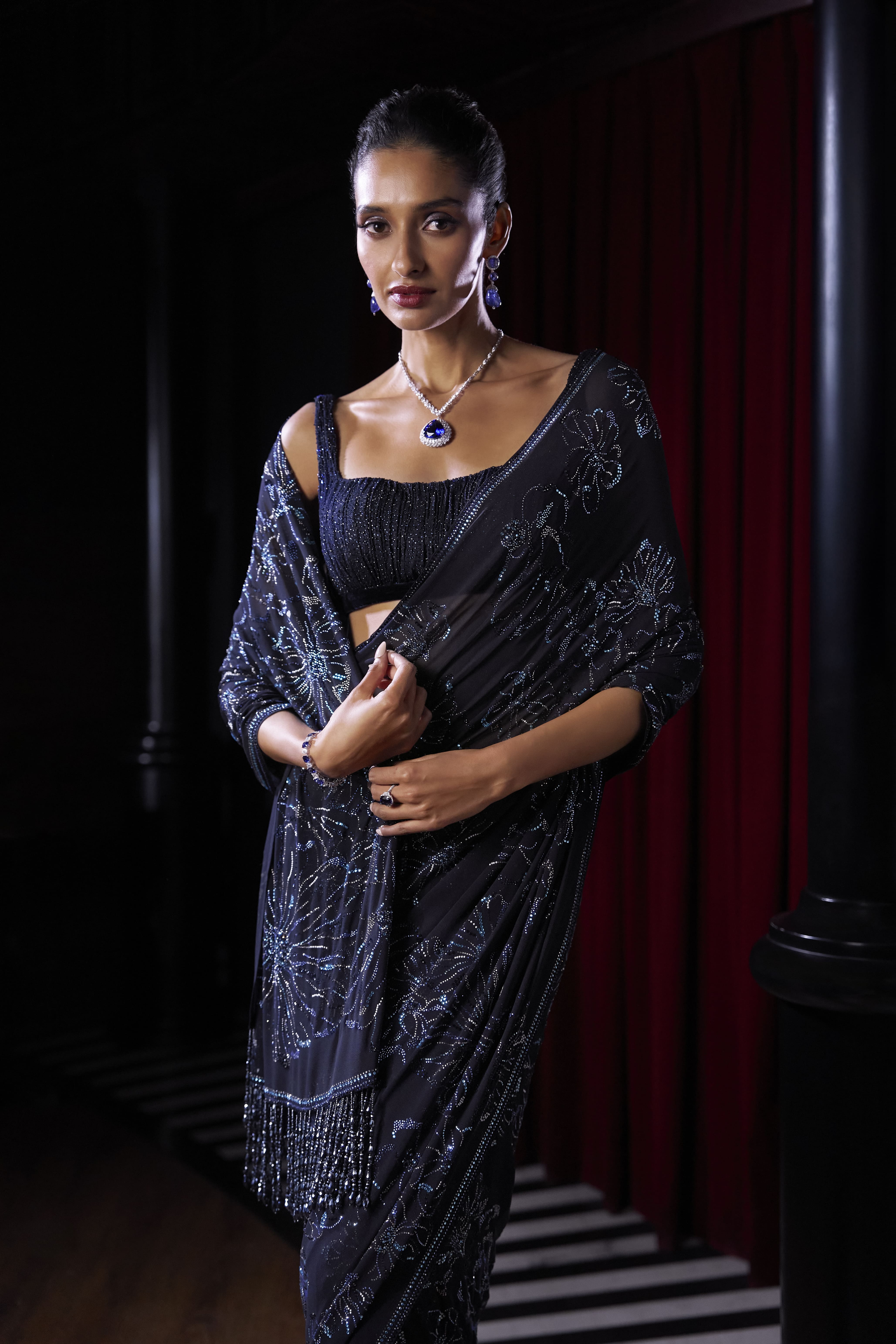 Midnight Blue Embellished Sari with Beaded Blouse