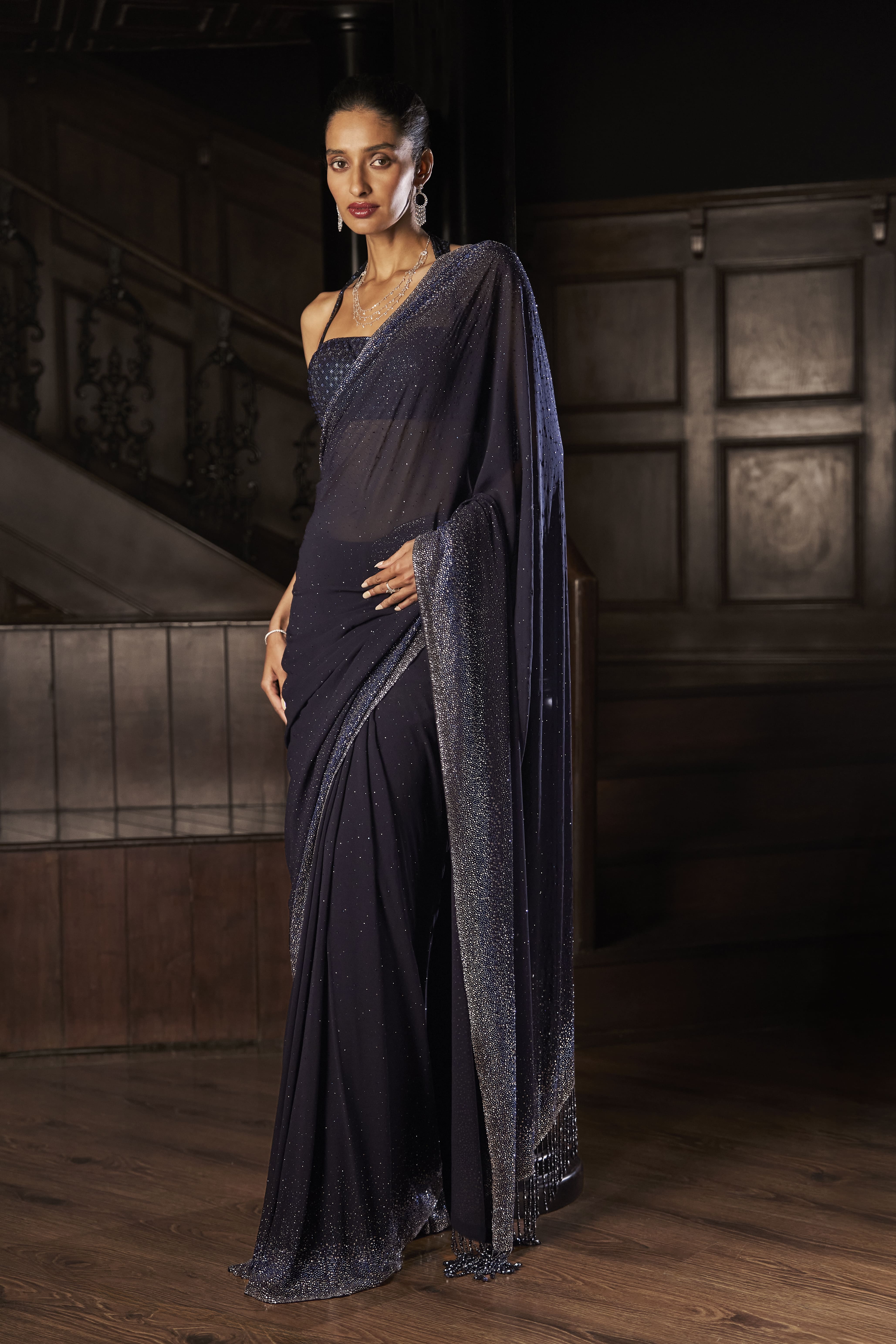 Midnight Blue Sari with Sparkling Ombre Border