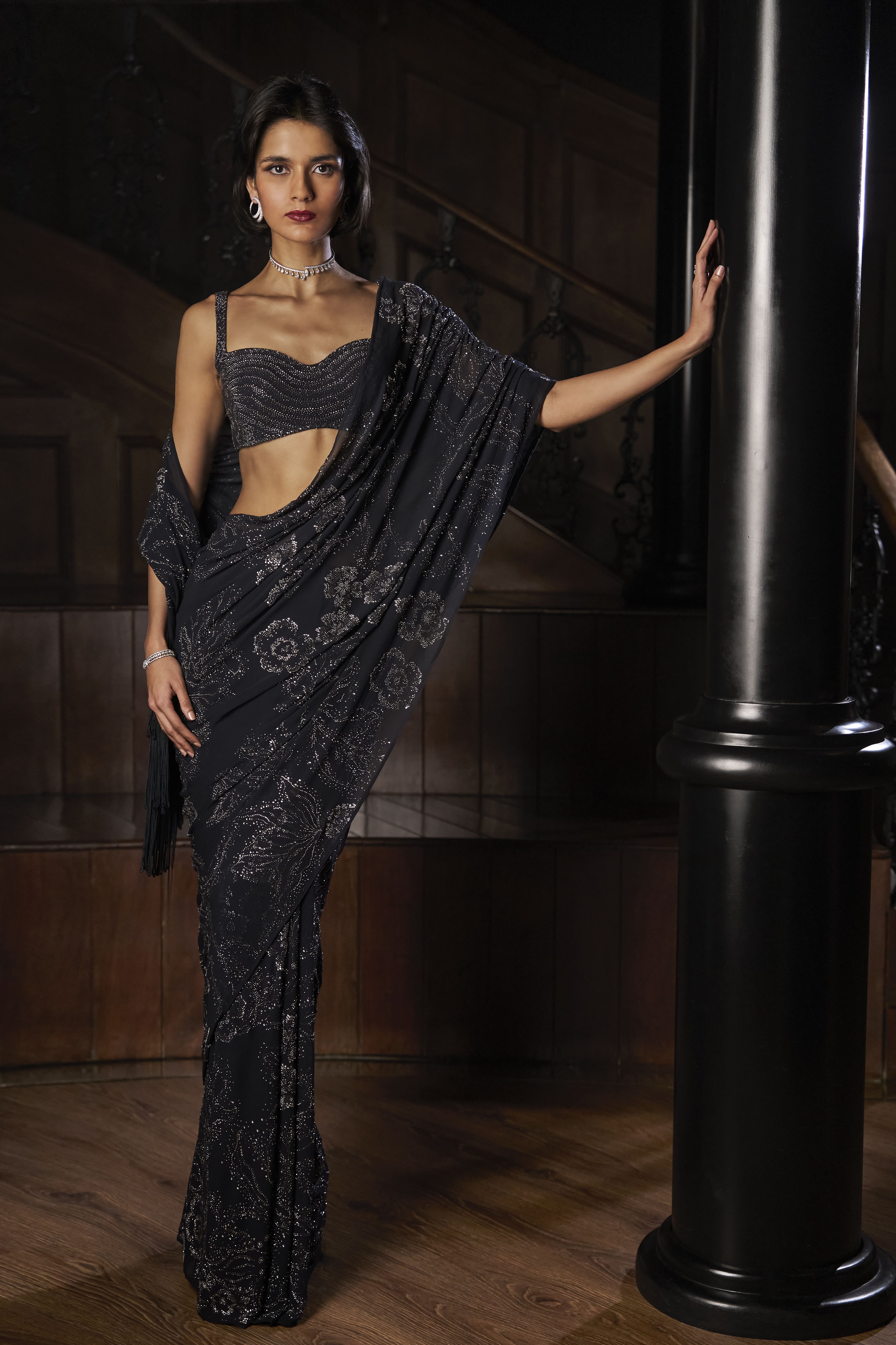 Black Sari with Metallic Floral Embroidery and Structured Blouse