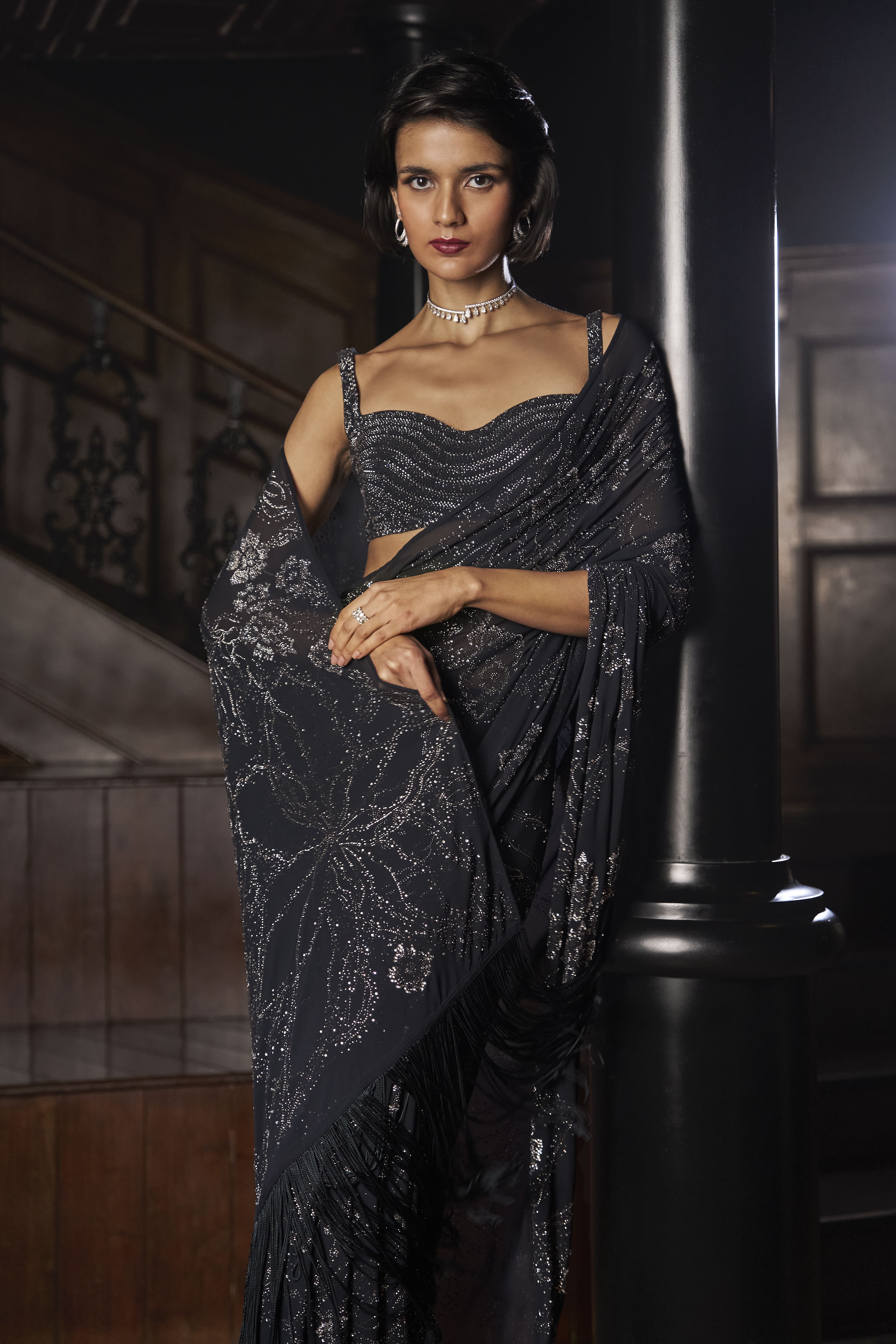 Black Sari with Metallic Floral Embroidery and Structured Blouse