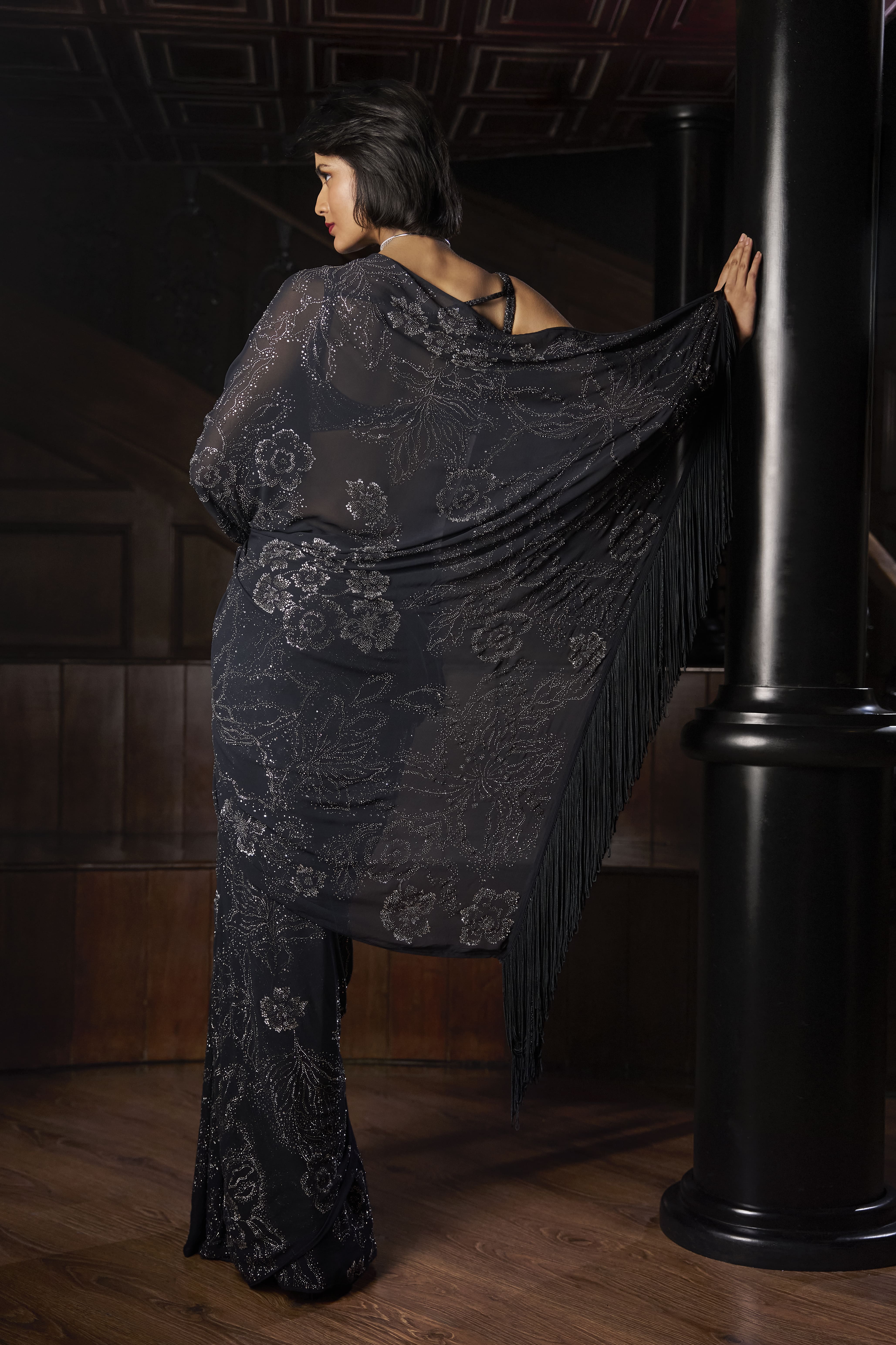 Black Sari with Metallic Floral Embroidery and Structured Blouse