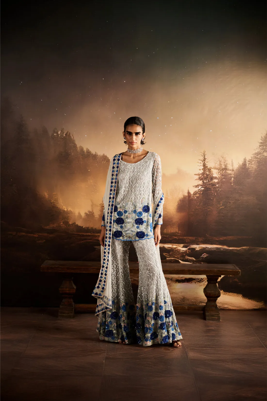 Silver Grey Sharara with Blue Sequin Embroidery and Dupatta
