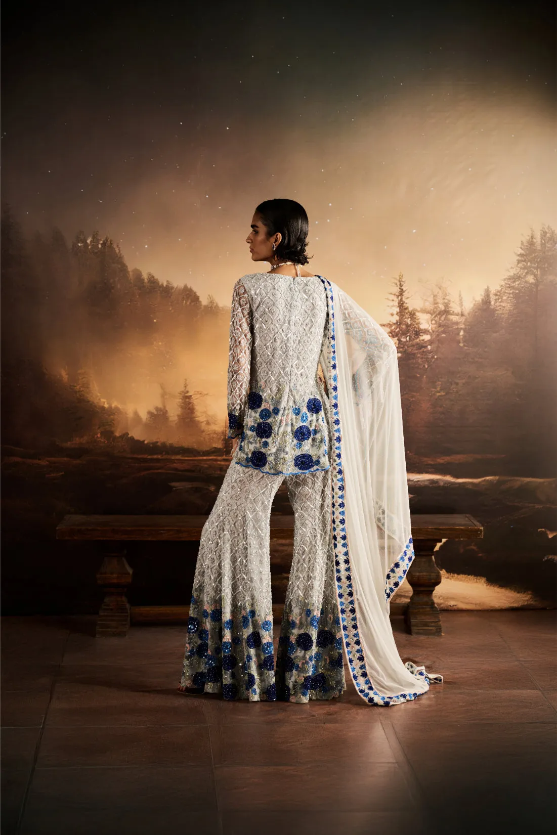 Silver Grey Sharara with Blue Sequin Embroidery and Dupatta