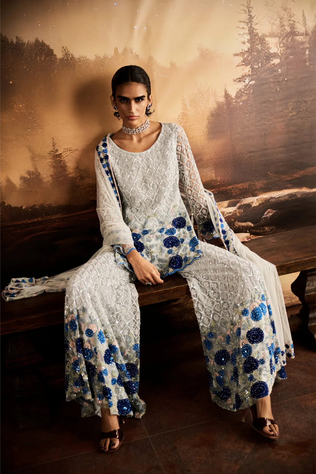 Silver Grey Sharara with Blue Sequin Embroidery and Dupatta