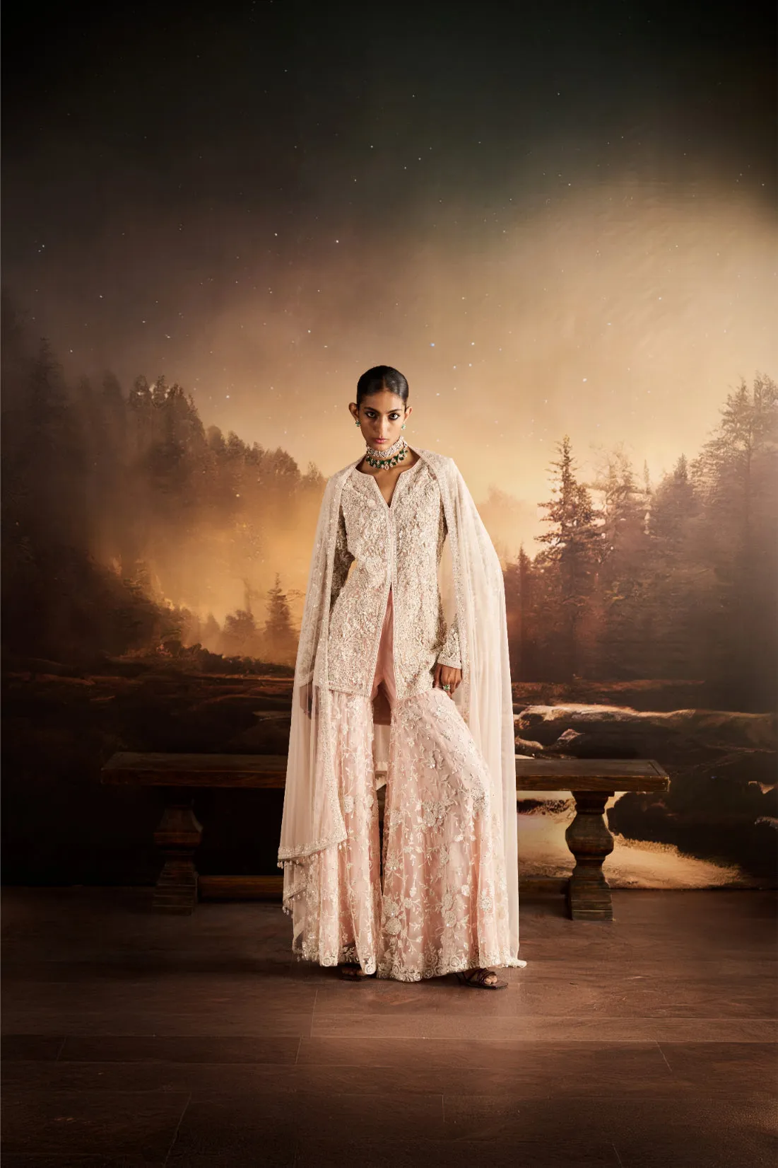Embroidered Long Kurta with Flared Pants in Soft Pink