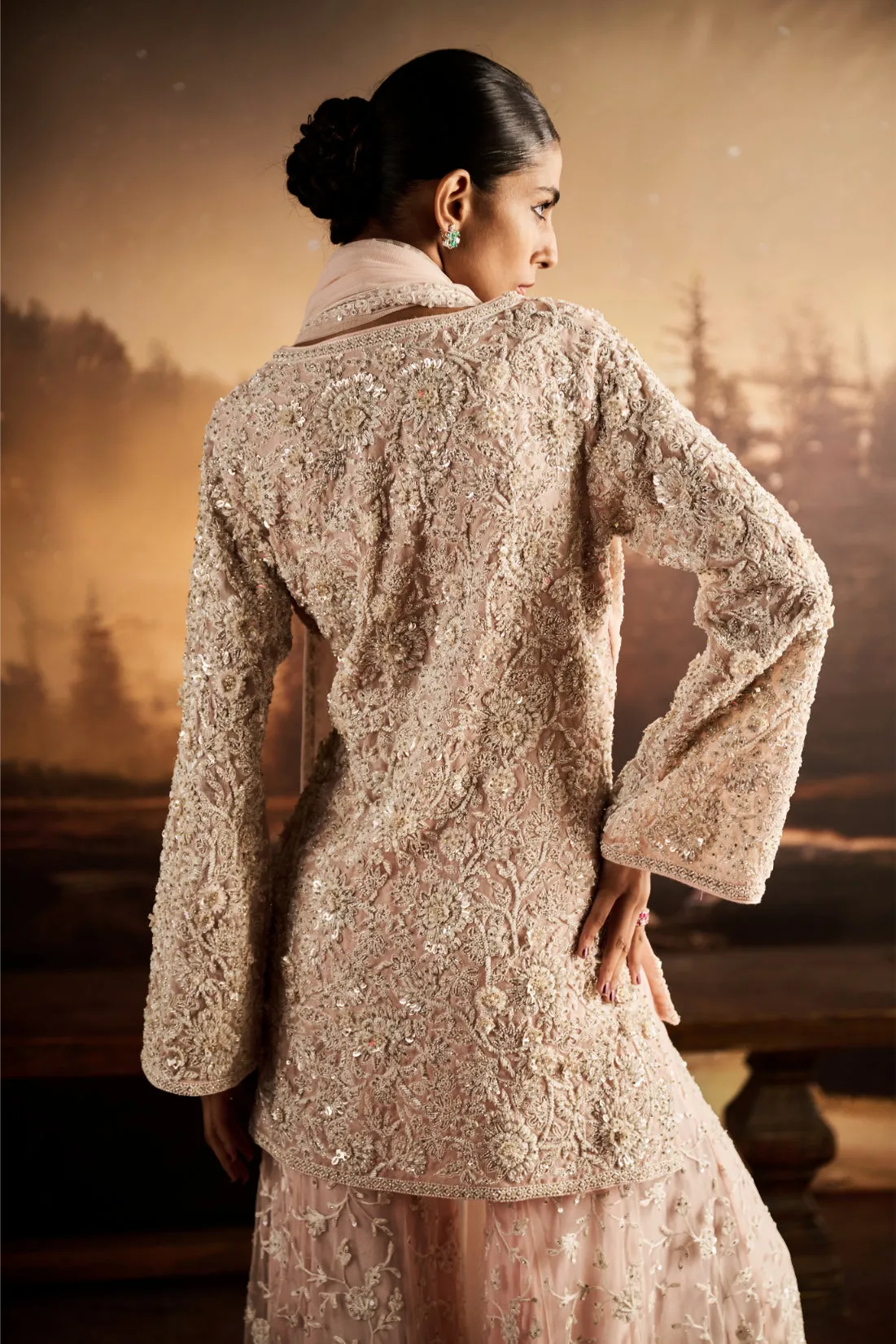 Embroidered Long Kurta with Flared Pants in Soft Pink