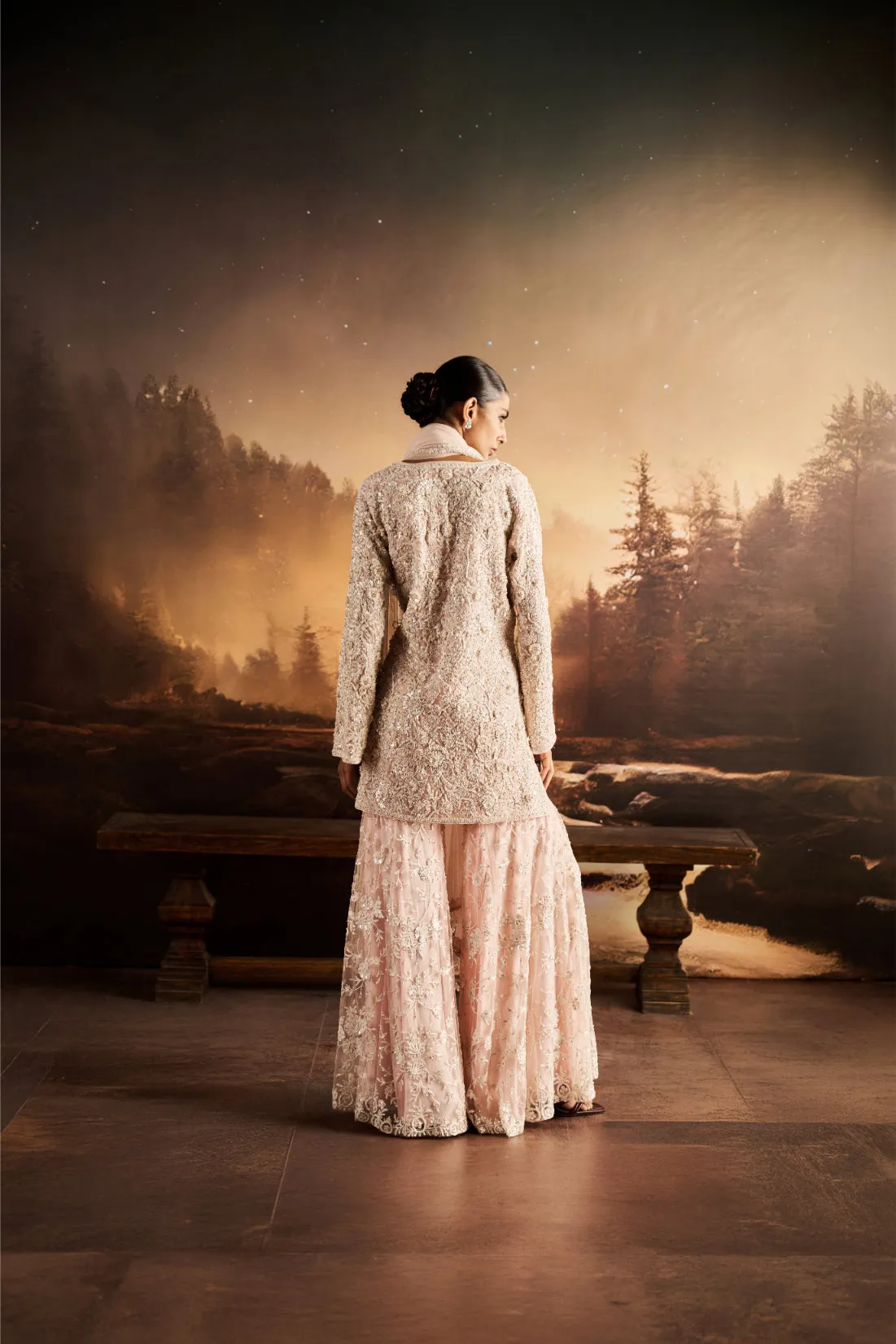 Embroidered Long Kurta with Flared Pants in Soft Pink