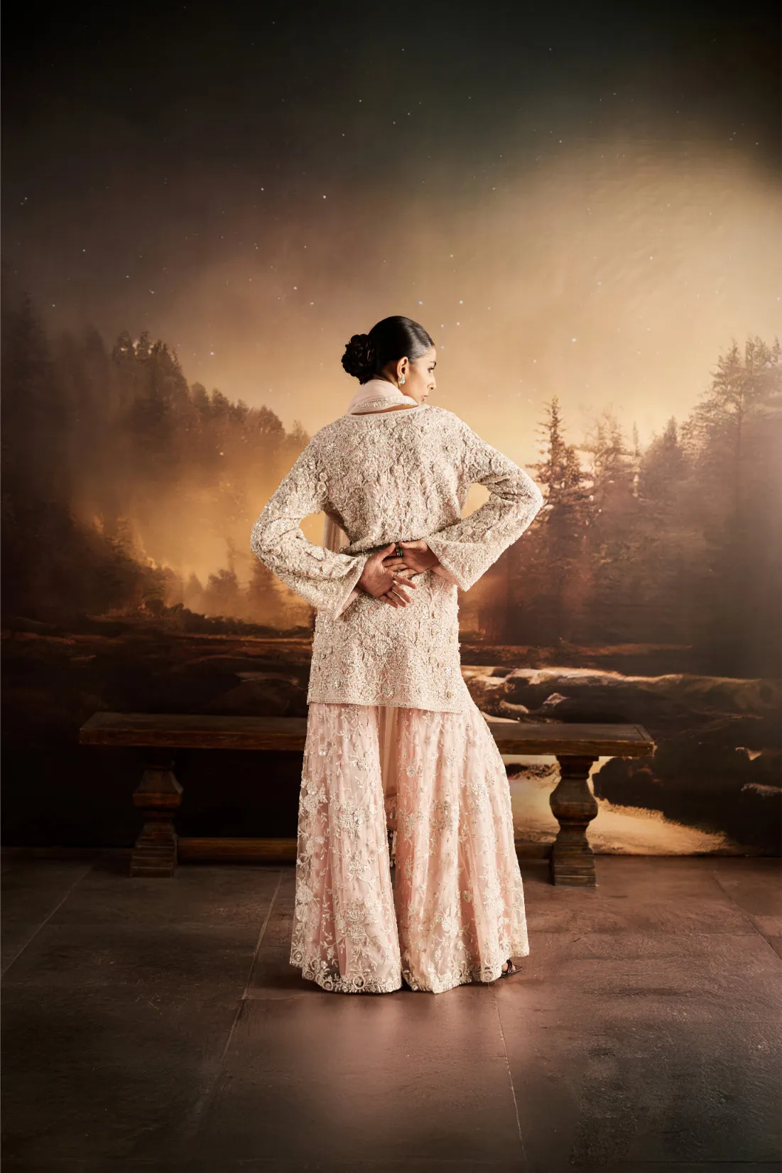 Embroidered Long Kurta with Flared Pants in Soft Pink