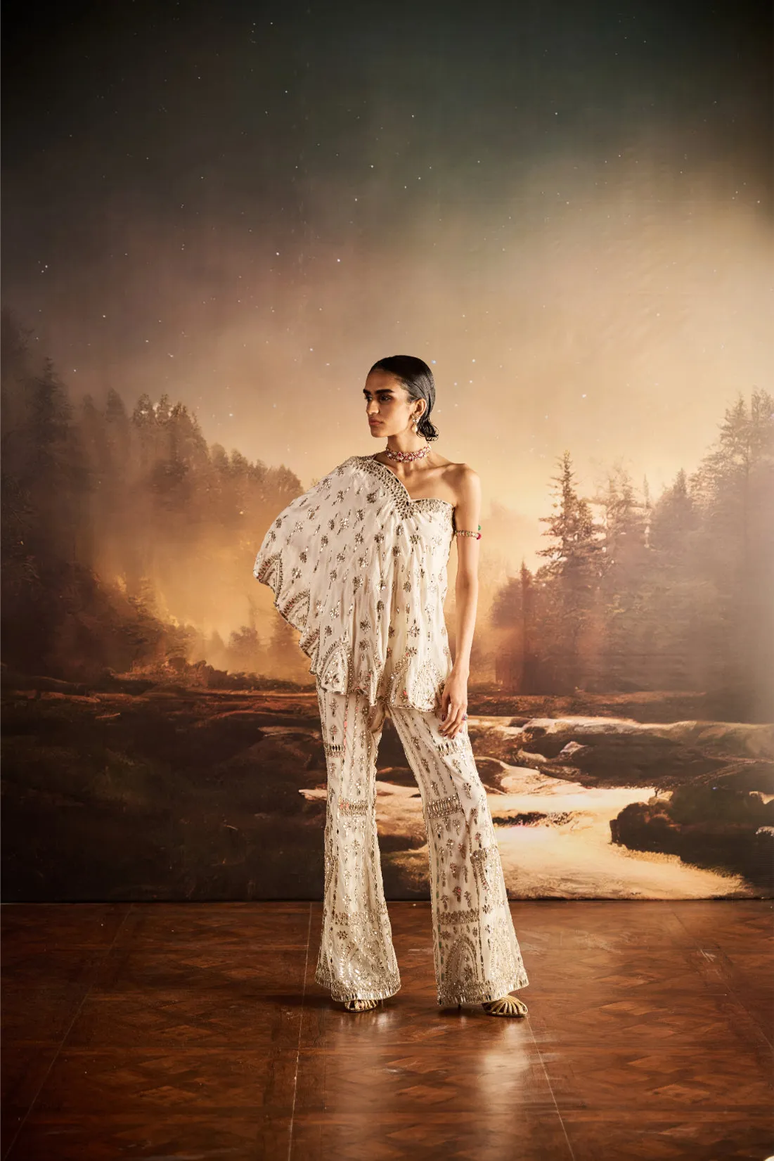 One-Shoulder Embroidered Kurta with Flared Pants in Ivory