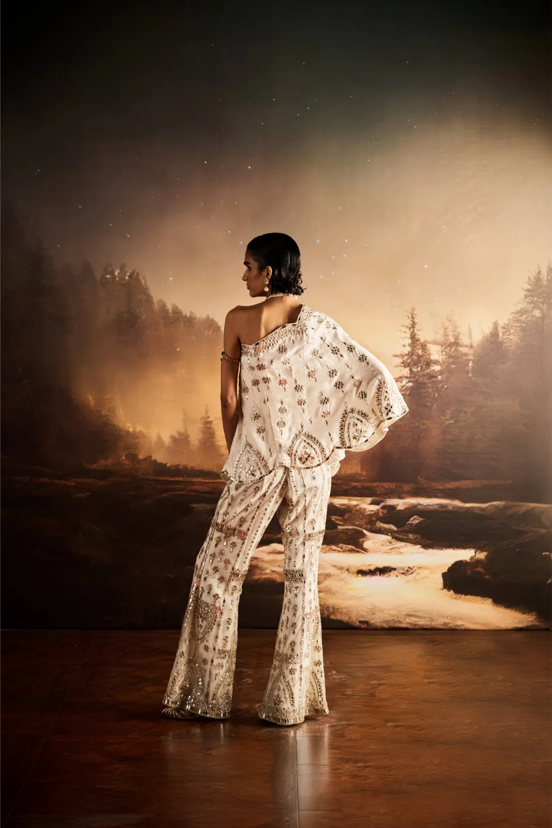 One-Shoulder Embroidered Kurta with Flared Pants in Ivory