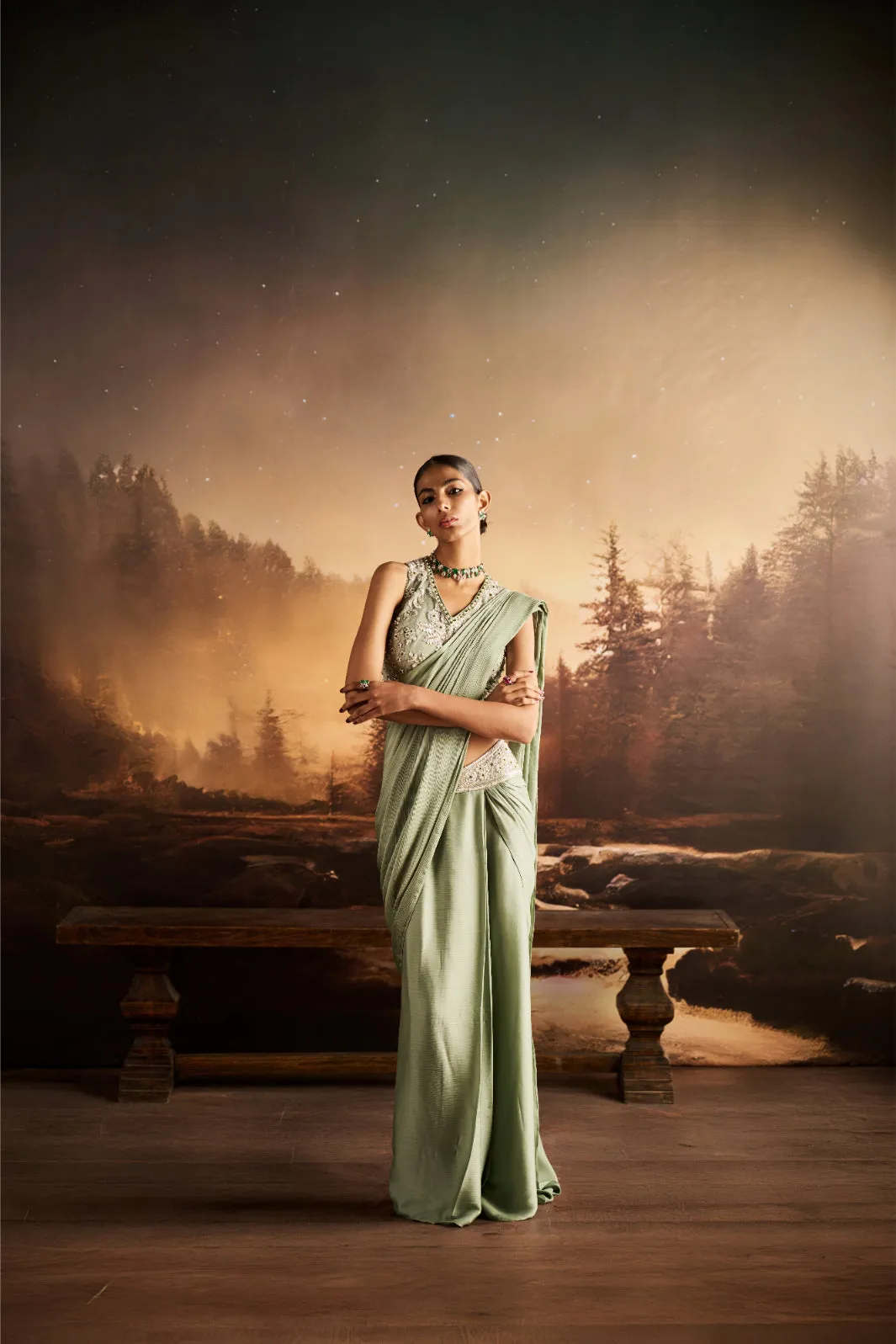 Embellished Blouse with Contemporary Drape Sari in Sage Green