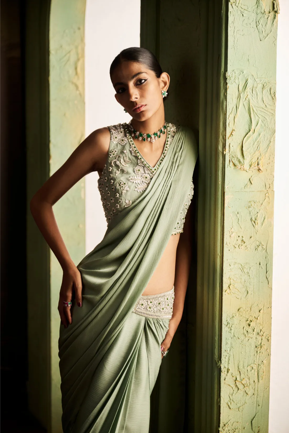 Embellished Blouse with Contemporary Drape Sari in Sage Green