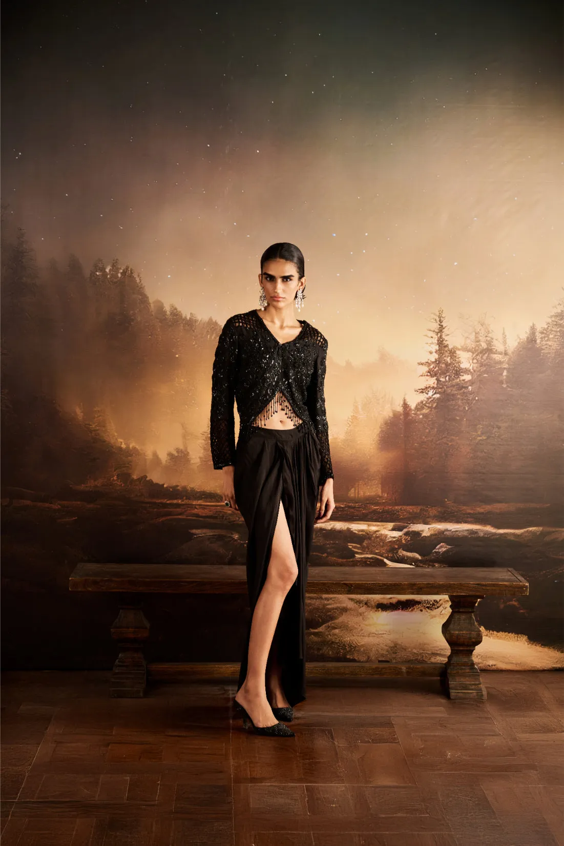 Black Embellished Jacket with Draped Skirt and Slit