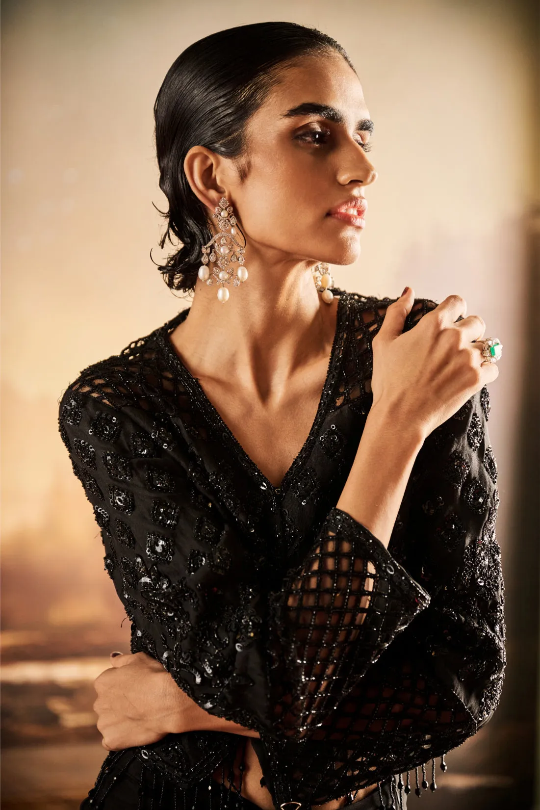 Black Embellished Jacket with Draped Skirt and Slit