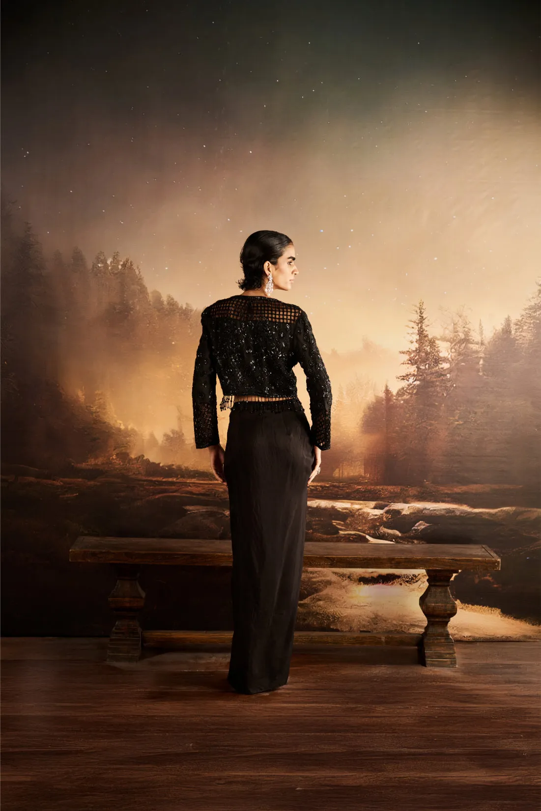 Black Embellished Jacket with Draped Skirt and Slit