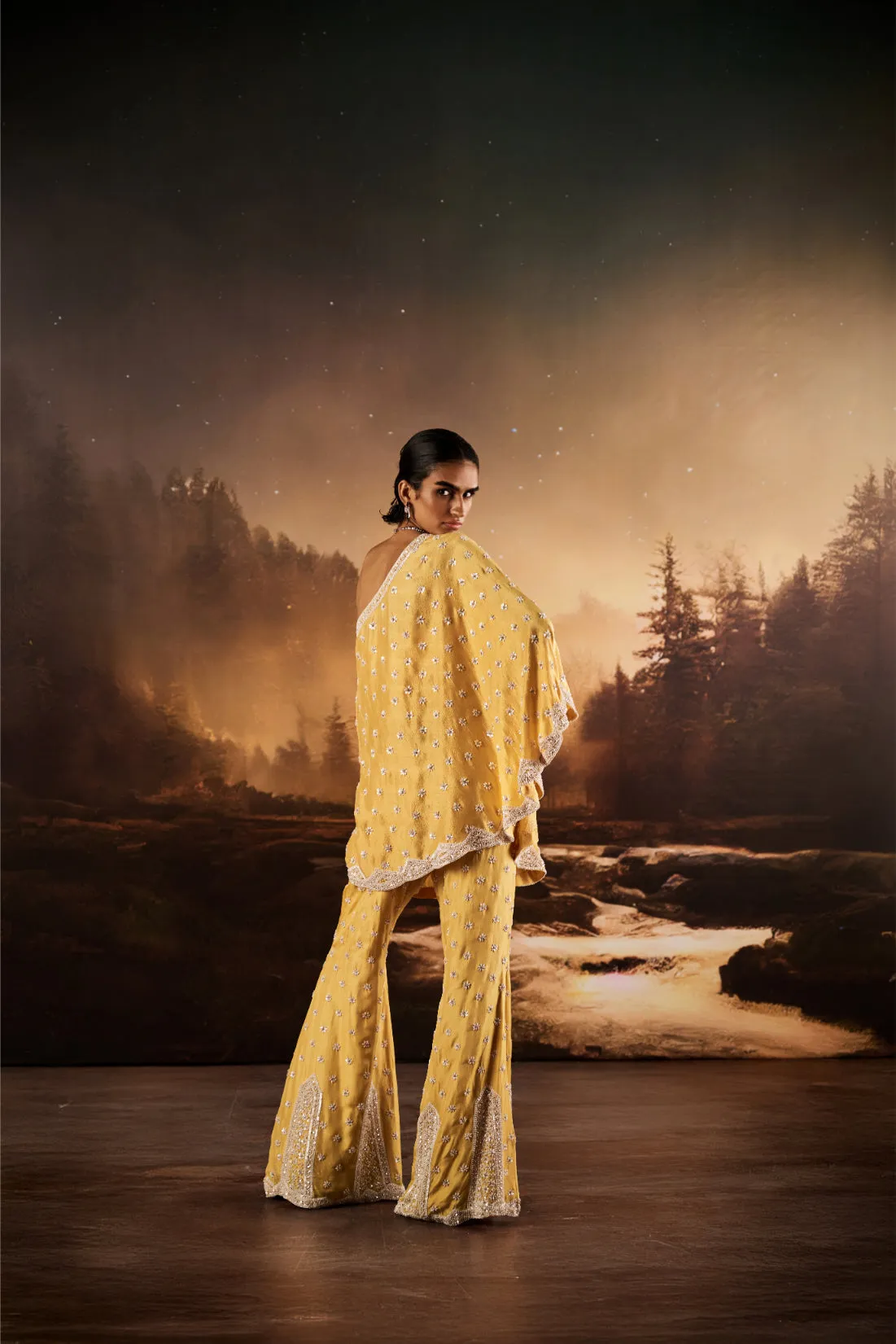 Mustard Yellow One-Shoulder Sharara with Silver Embroidery