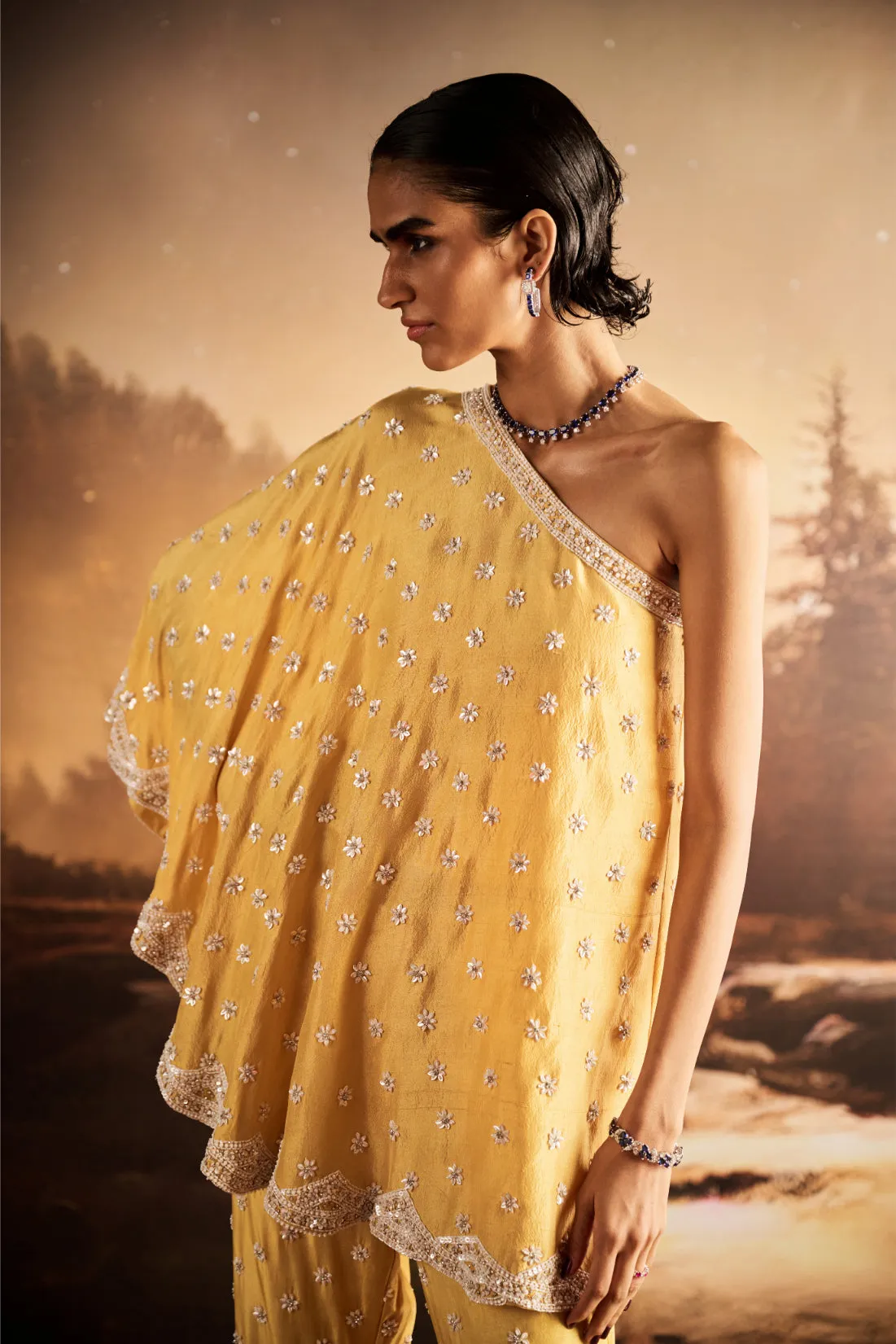 Mustard Yellow One-Shoulder Sharara with Silver Embroidery