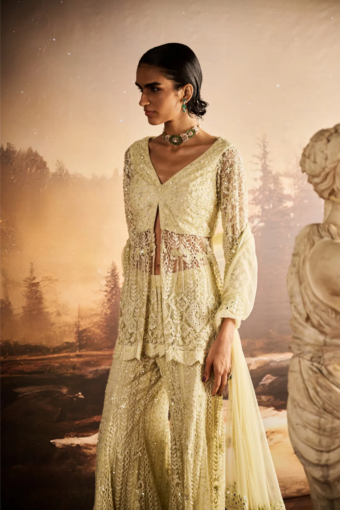 Ivory Embroidered Sharara with Peplum Jacket