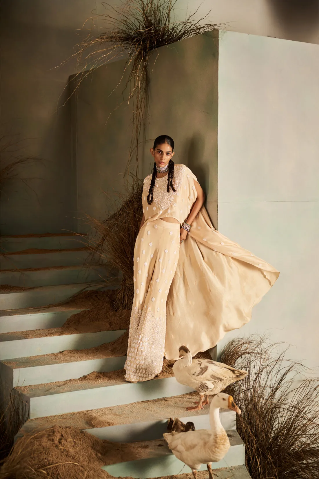 Nude Embroidered Kaftan Drape Set
