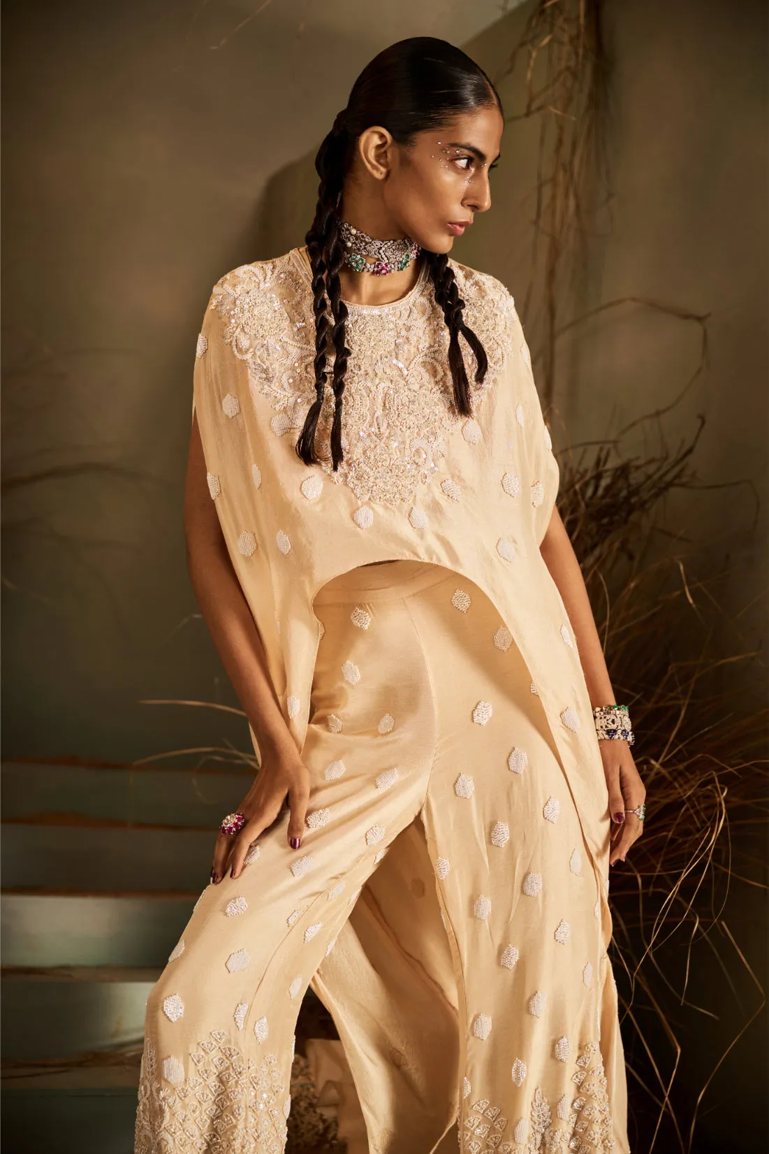 Nude Embroidered Kaftan Drape Set