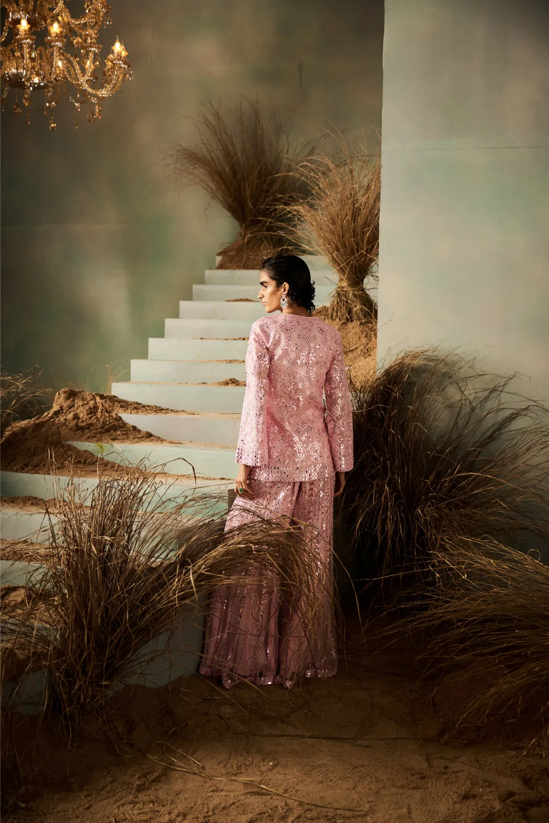 Blush Pink Sequin Embroidered Sharara with Long Jacket