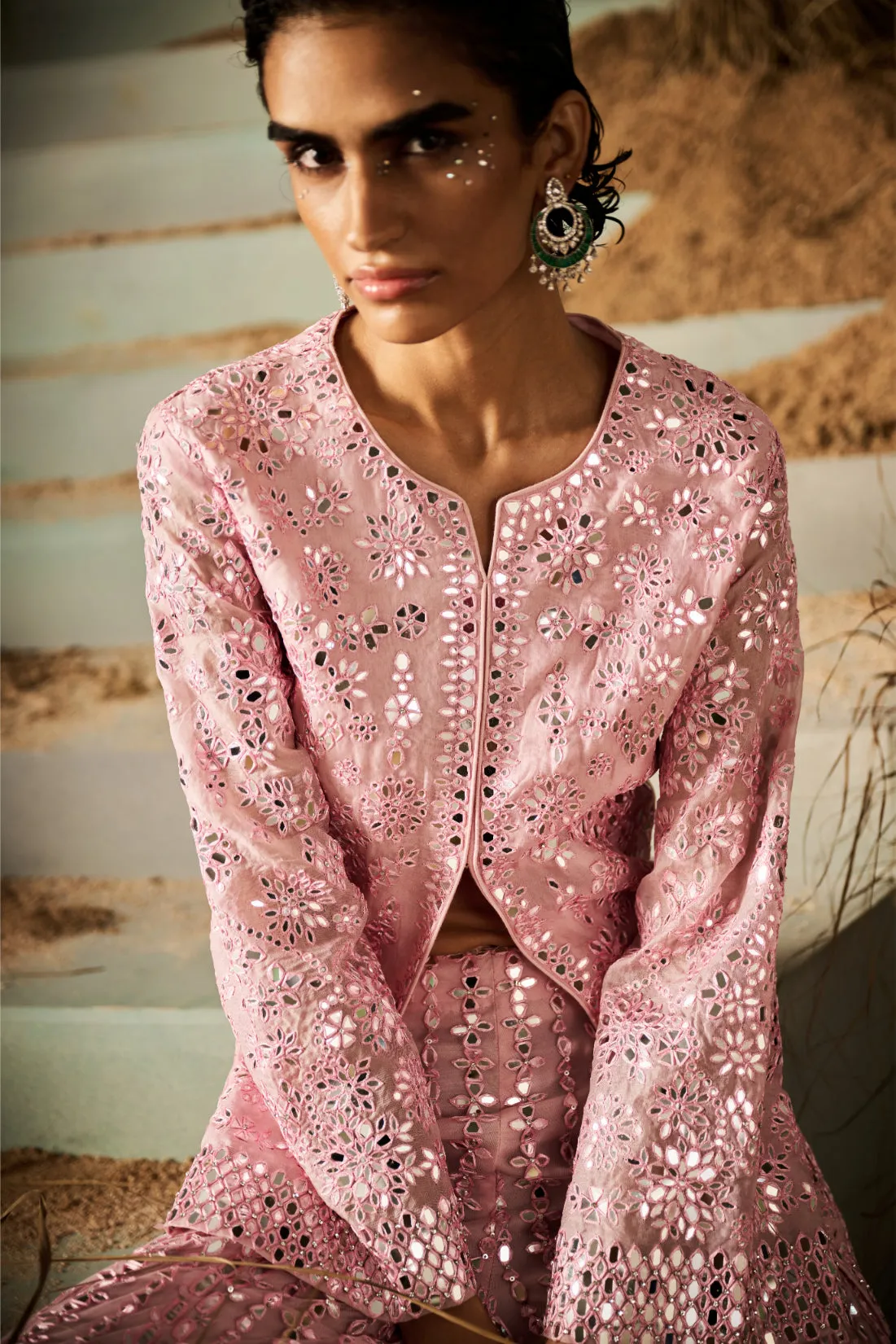 Blush Pink Sequin Embroidered Sharara with Long Jacket