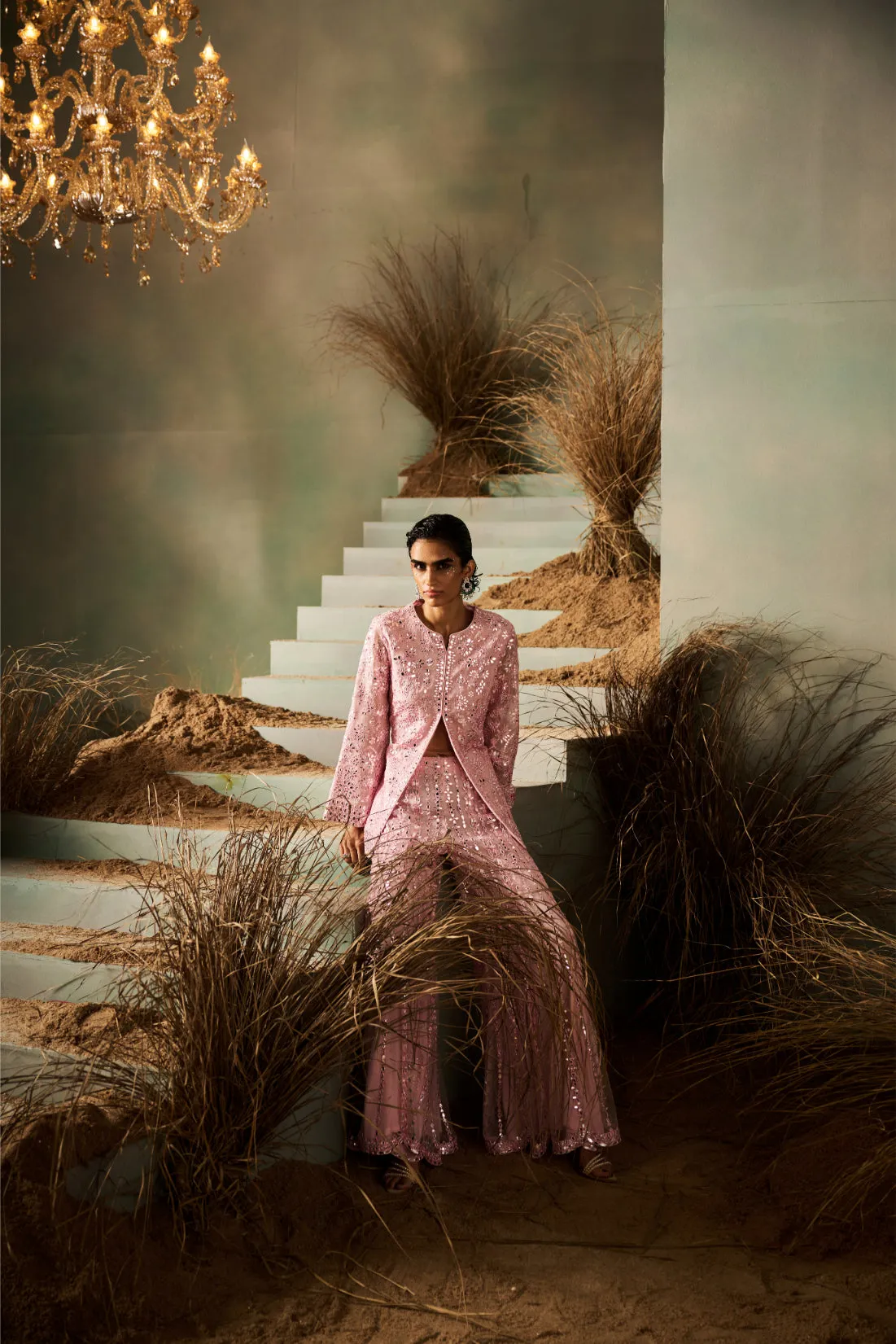 Blush Pink Sequin Embroidered Sharara with Long Jacket