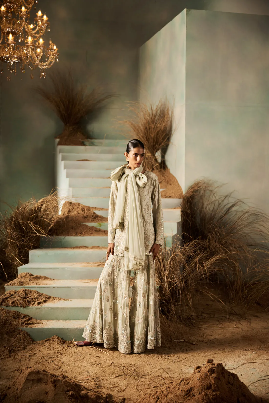 Sage Green Embroidered Sharara Set